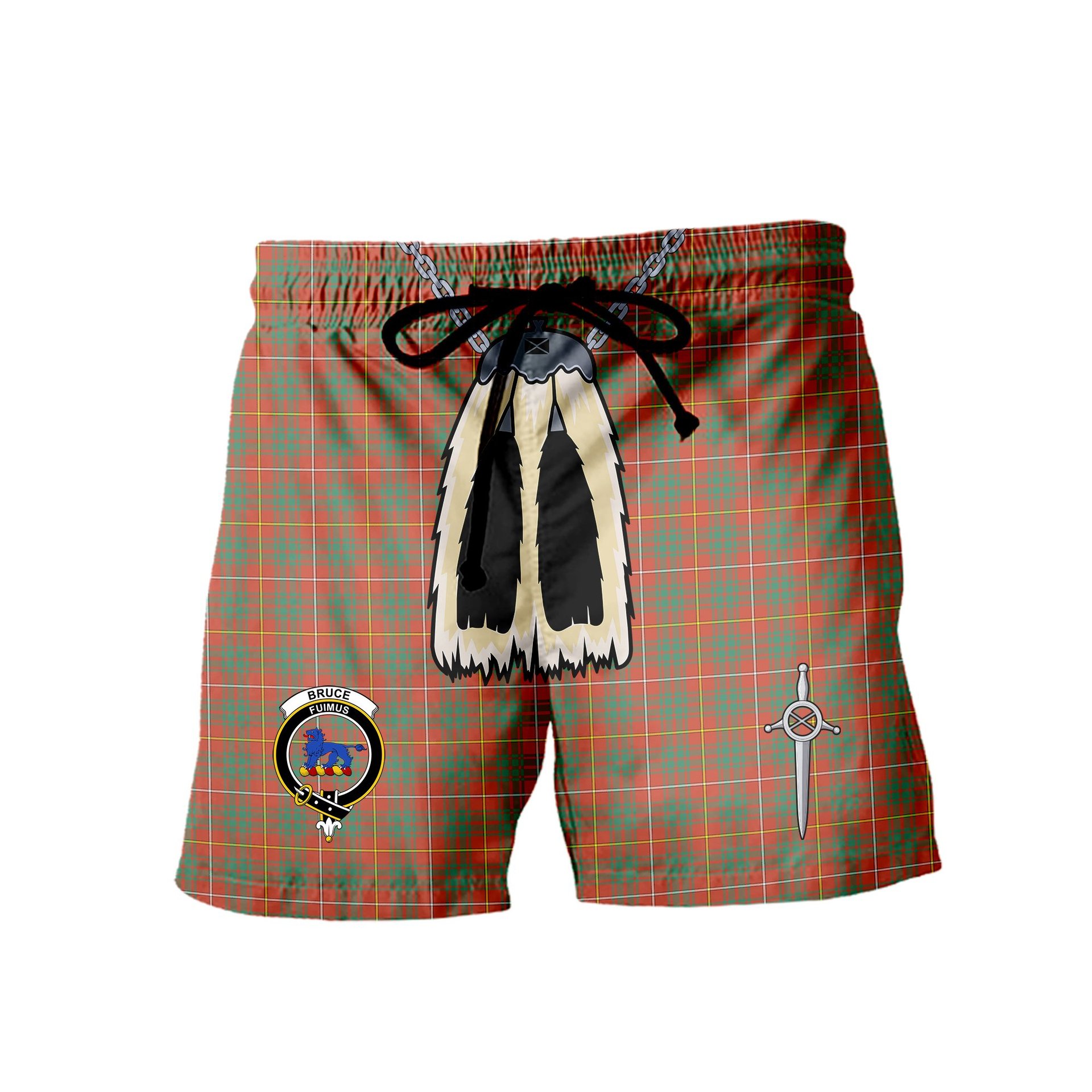 ScotsTee Shop Scottish Bruce Ancient Clan Crest Men's Highland Kilt Sporran Tartan Shorts