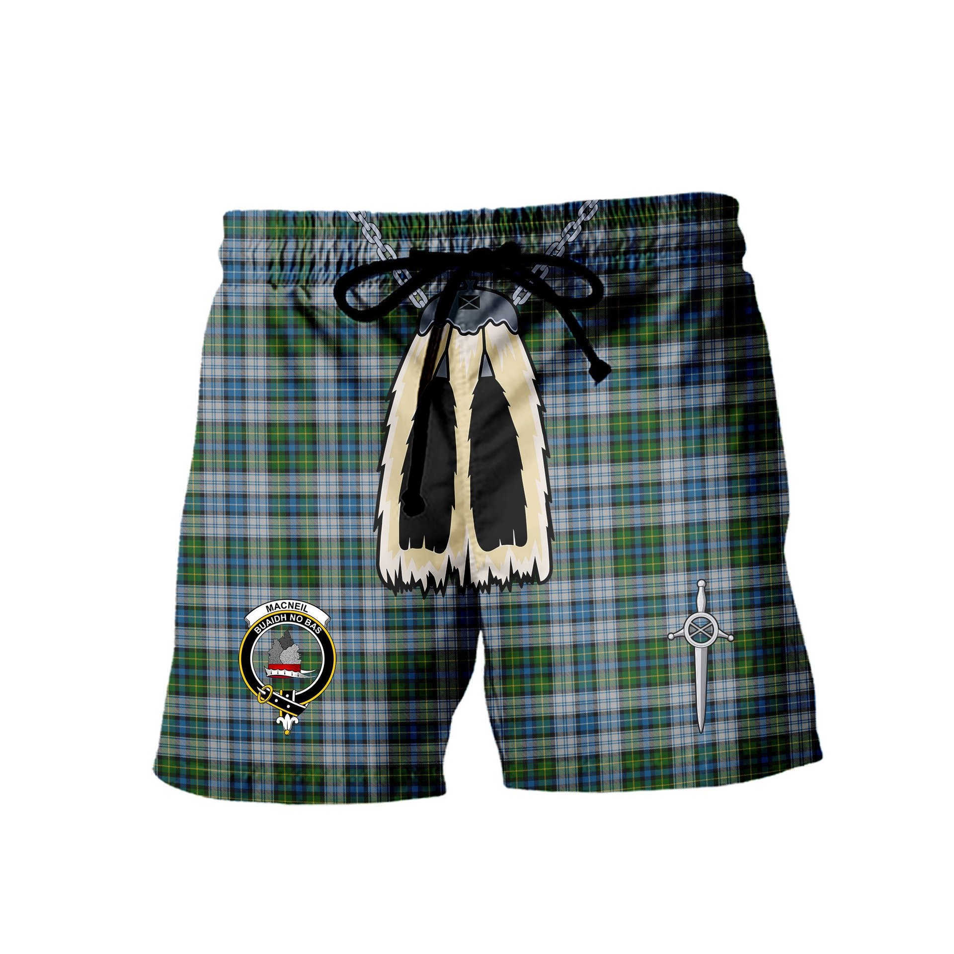 ScotsTee Shop Scottish MacNeil Dress Clan Crest Men's Highland Kilt Sporran Tartan Shorts
