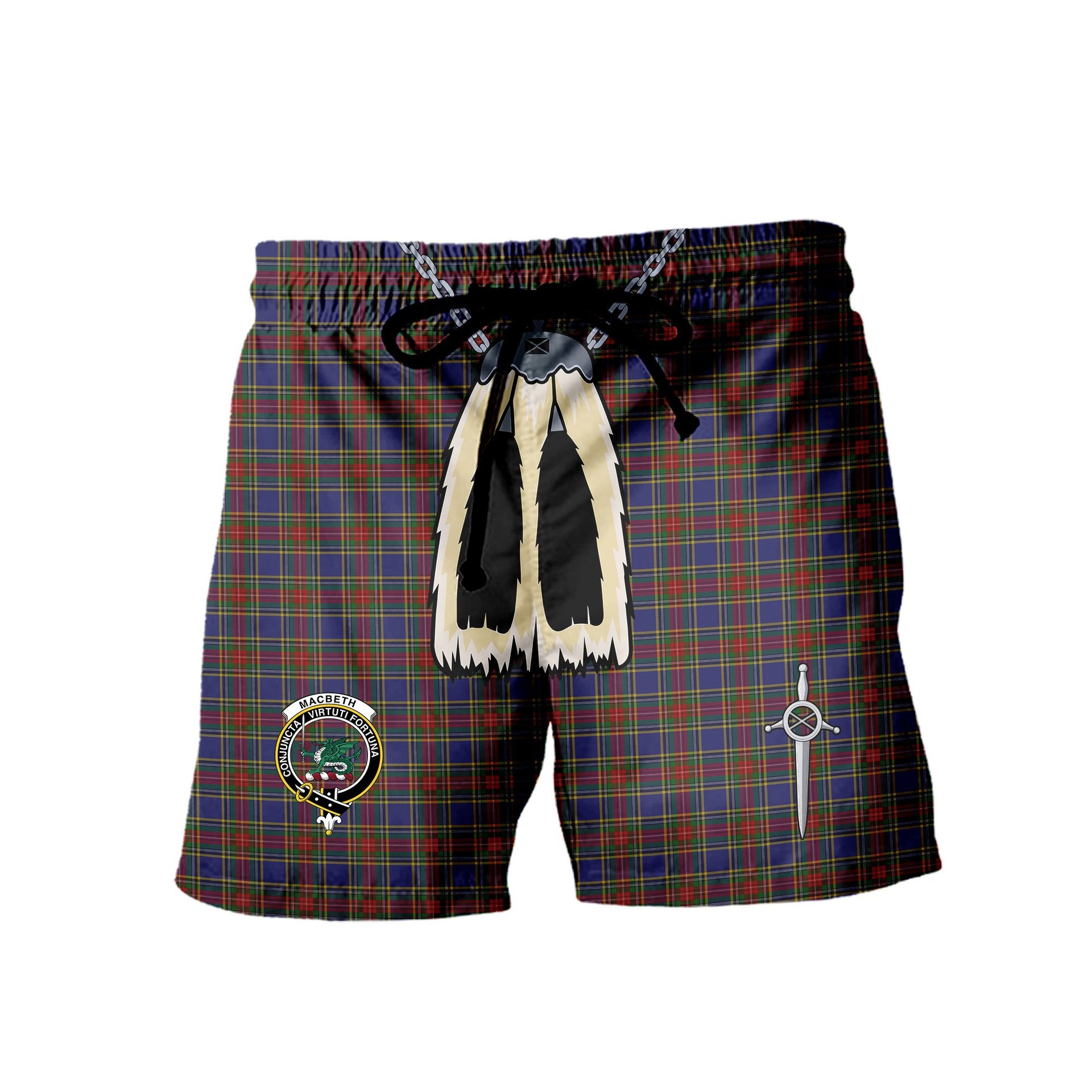 ScotsTee Shop Scottish MacBeth Clan Crest Men's Highland Kilt Sporran Tartan Shorts