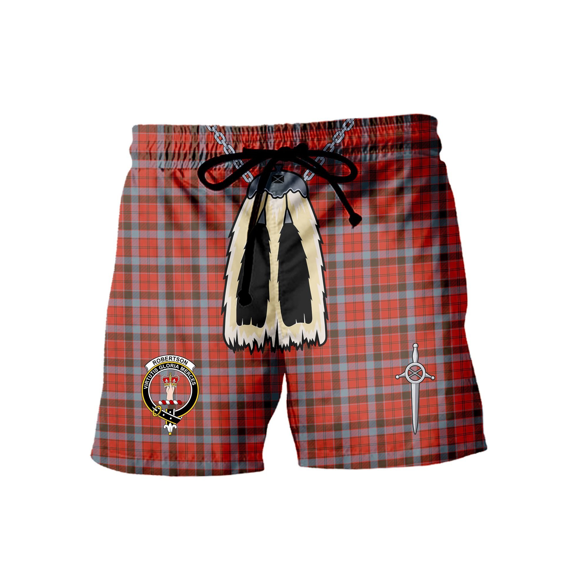 ScotsTee Shop Scottish Robertson Weathered Clan Crest Men's Highland Kilt Sporran Tartan Shorts