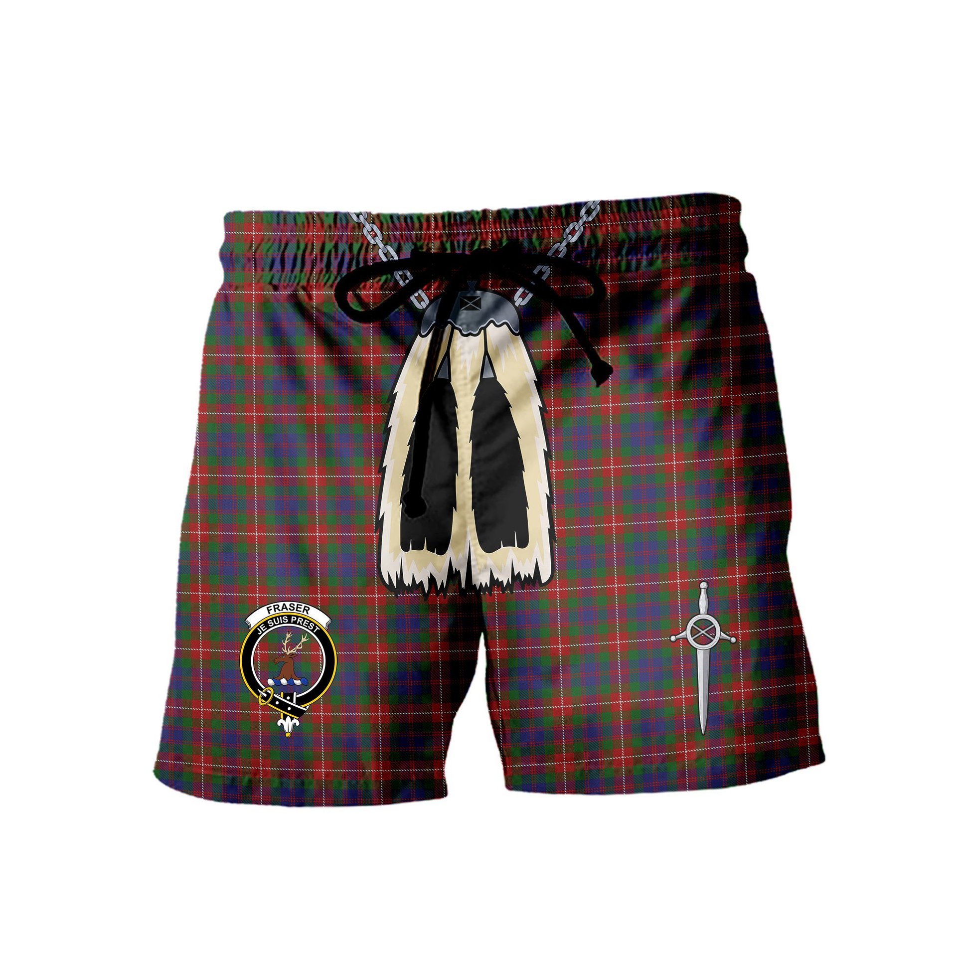 ScotsTee Shop Scottish Fraser of Lovat Clan Crest Men's Highland Kilt Sporran Tartan Shorts