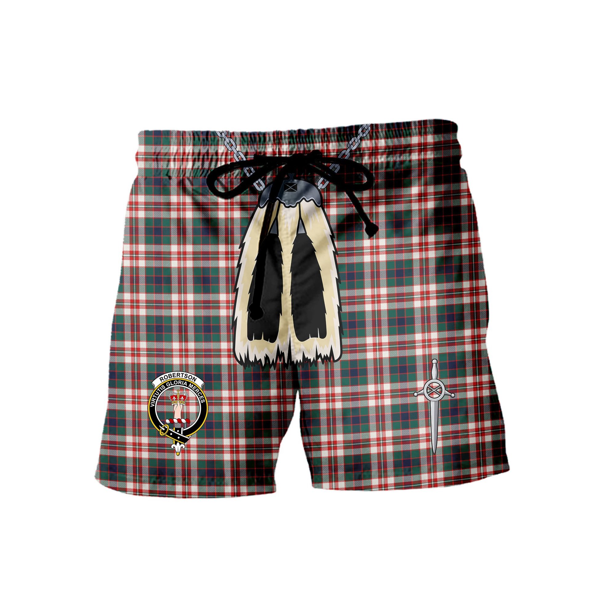 ScotsTee Shop Scottish Robertson Dress Modern Clan Crest Men's Highland Kilt Sporran Tartan Shorts