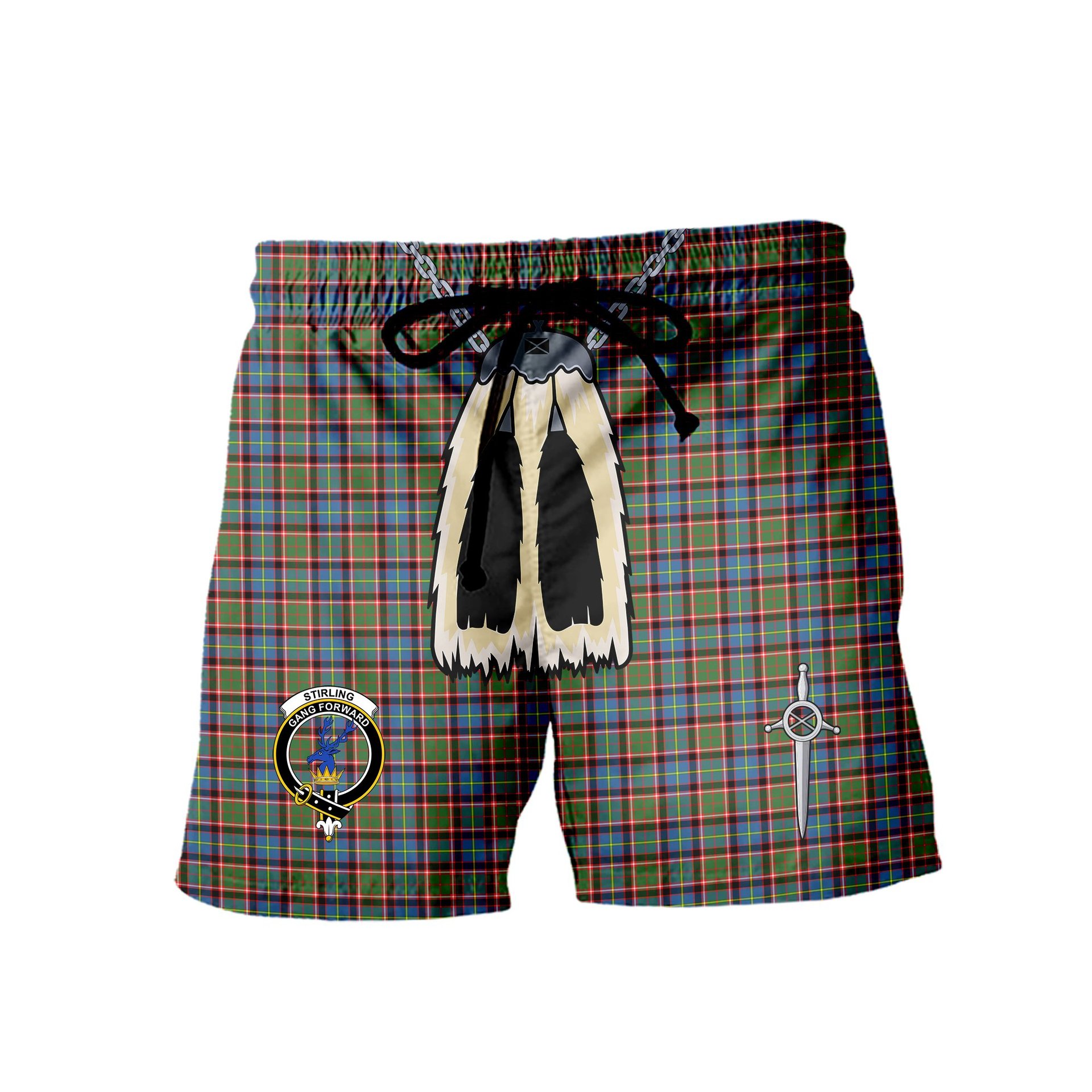 ScotsTee Shop Scottish Stirling SC Clan Crest Men's Highland Kilt Sporran Tartan Shorts