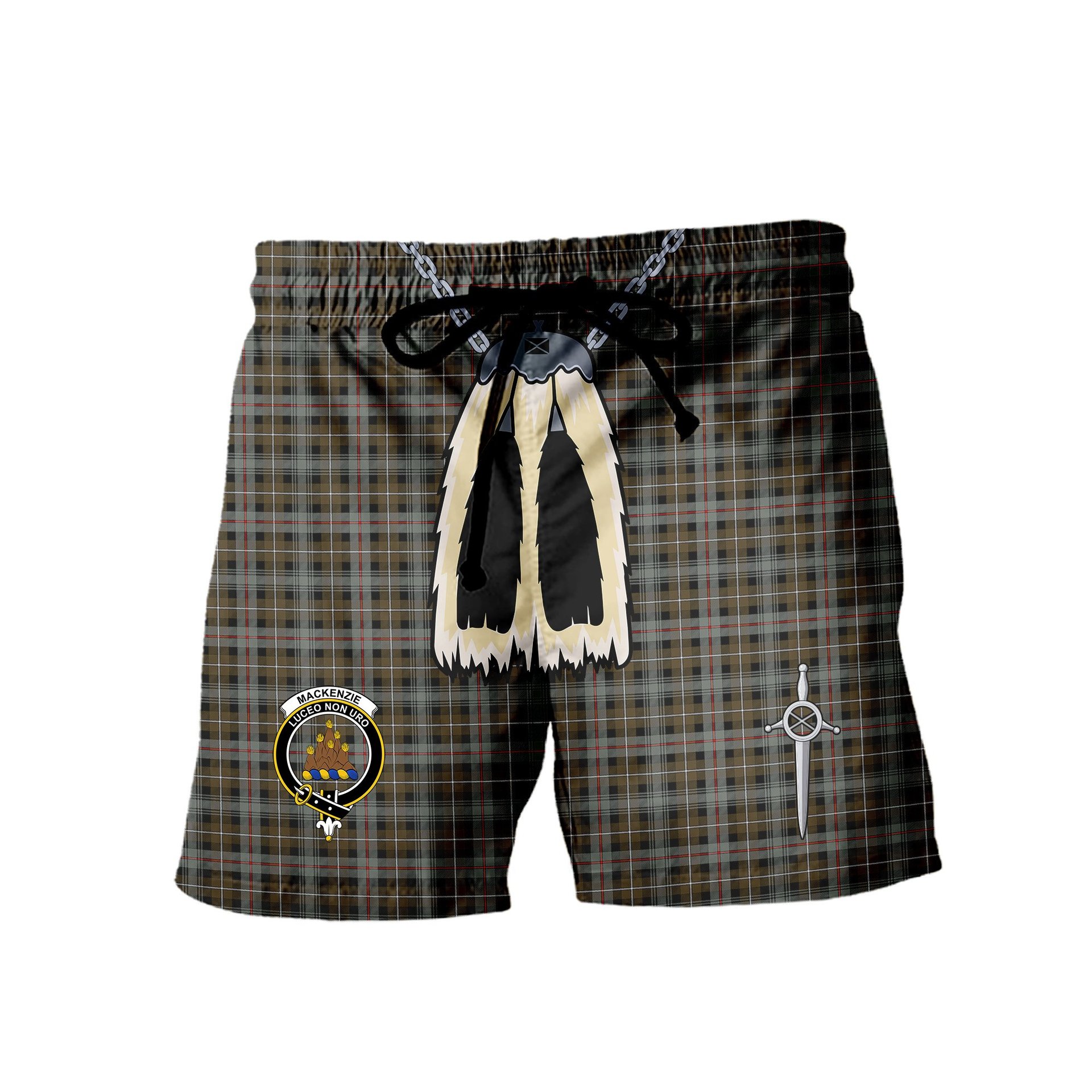 ScotsTee Shop Scottish MacKenzie Weathered Clan Crest Men's Highland Kilt Sporran Tartan Shorts