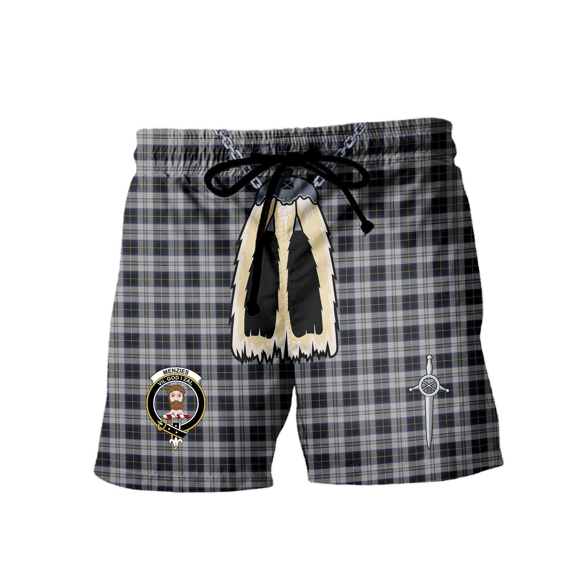 ScotsTee Shop Scottish Menzies Black Dress Clan Crest Men's Highland Kilt Sporran Tartan Shorts