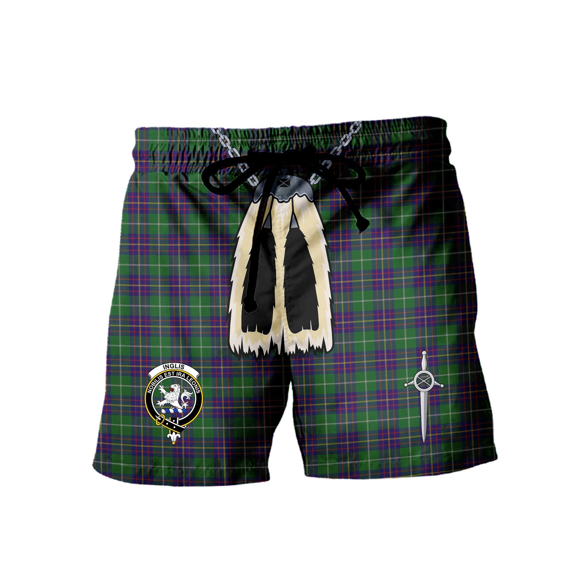 ScotsTee Shop Scottish Inglis Clan Crest Men's Highland Kilt Sporran Tartan Shorts