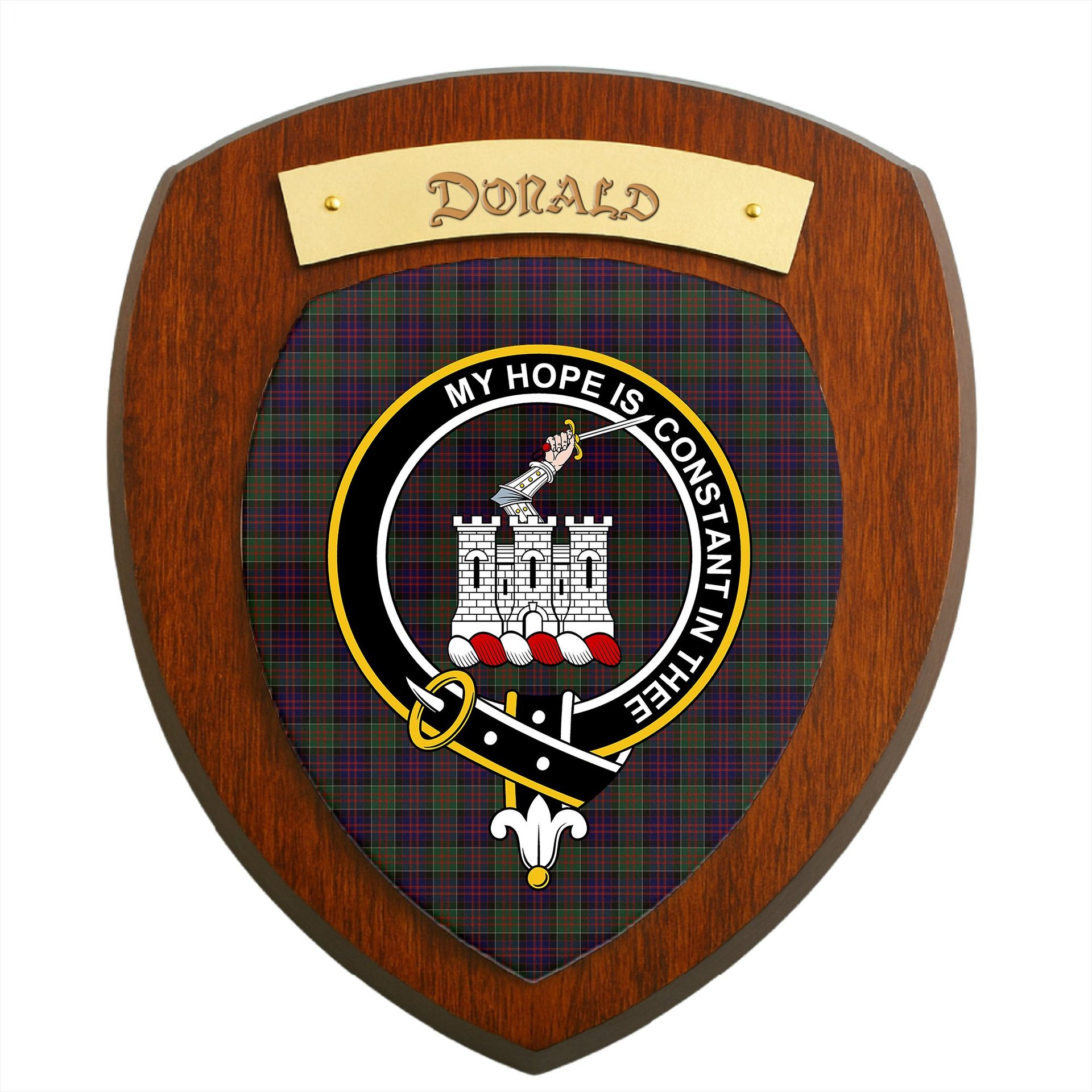 ScotsTee Shop Scottish Donald of Clan Ranald Clan Crest Scottish Tartan Wooden Wall Plaque