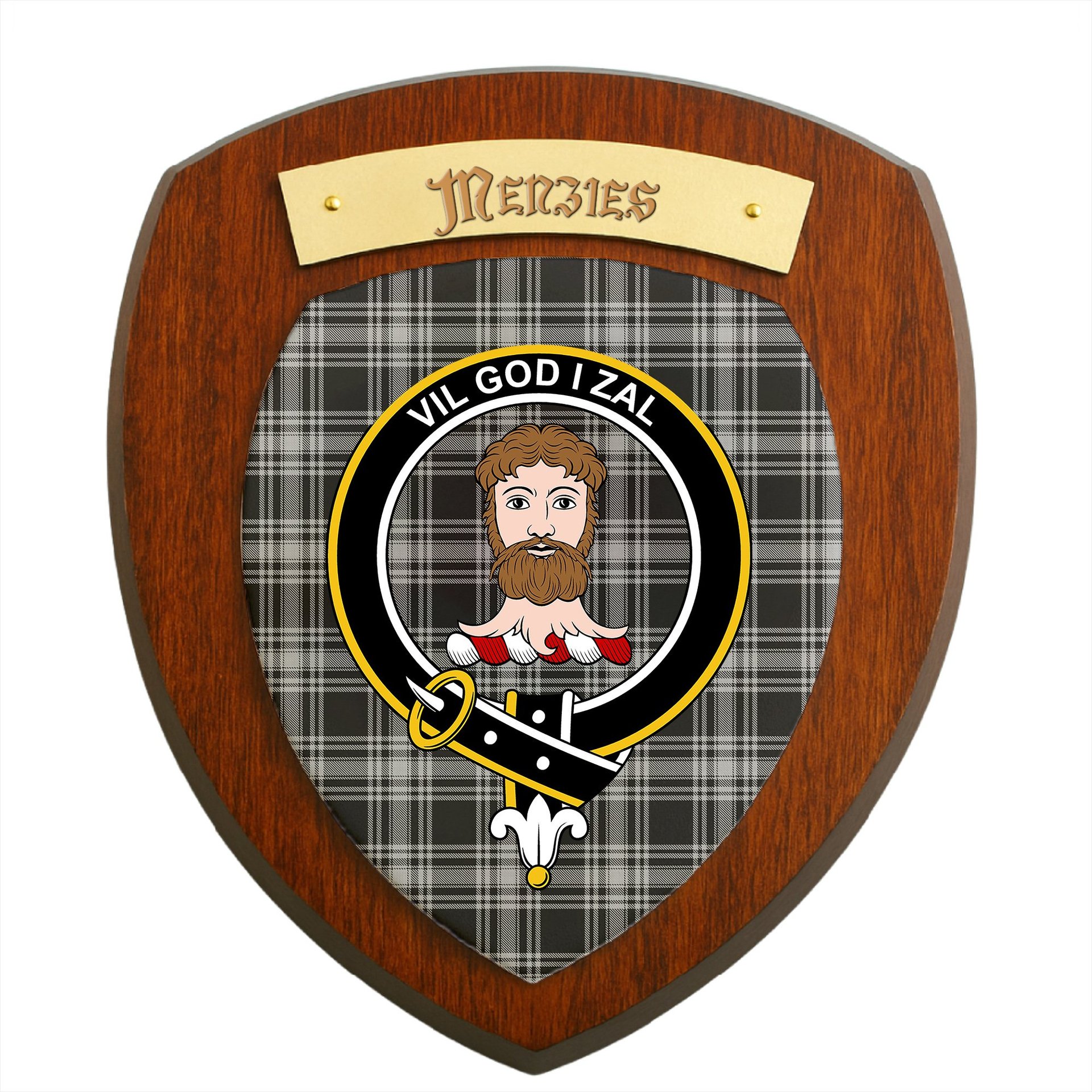ScotsTee Shop Scottish Menzies Black and White Clan Crest Scottish Tartan Wooden Wall Plaque