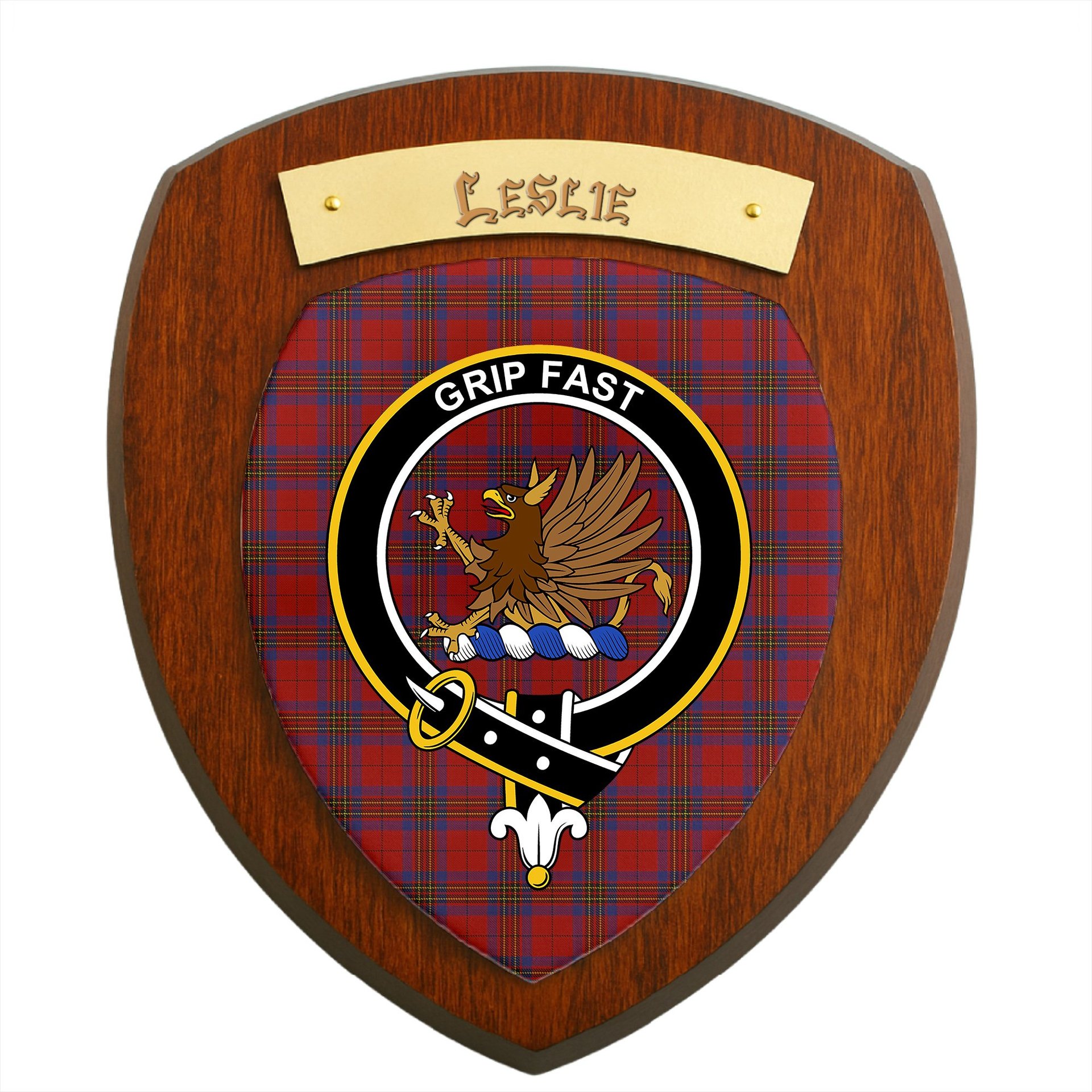 ScotsTee Shop Scottish Leslie Red Clan Crest Scottish Tartan Wooden Wall Plaque