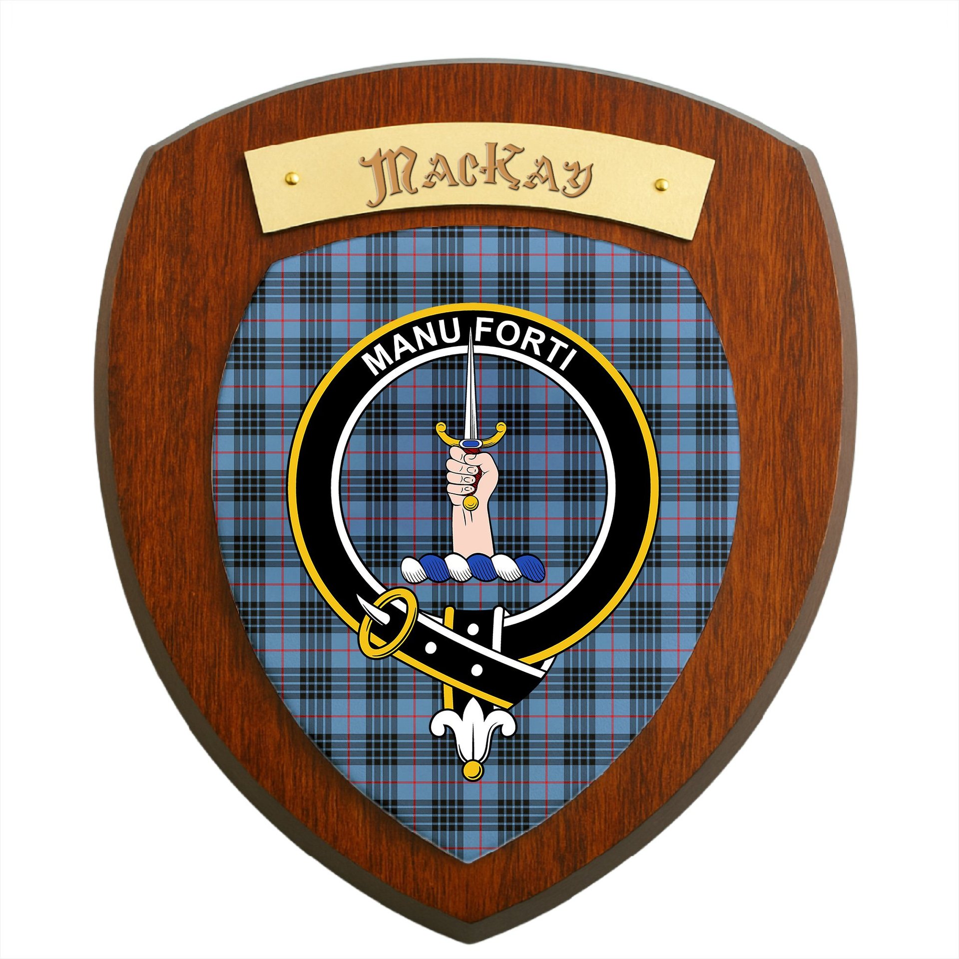 ScotsTee Shop Scottish MacKay Blue Clan Crest Scottish Tartan Wooden Wall Plaque