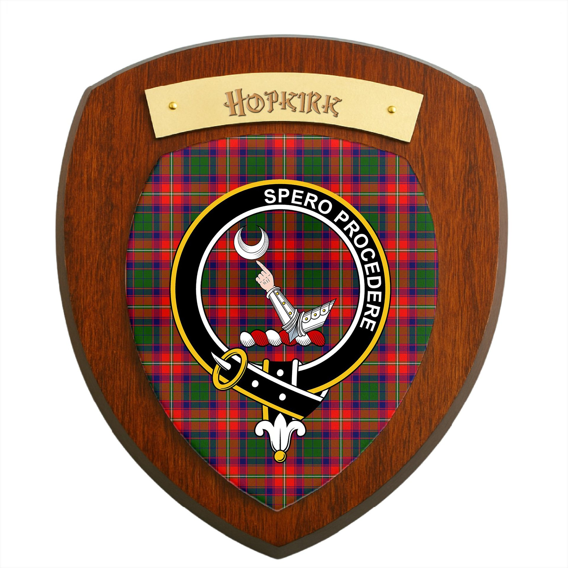 ScotsTee Shop Scottish Hopkirk Clan Crest Scottish Tartan Wooden Wall Plaque