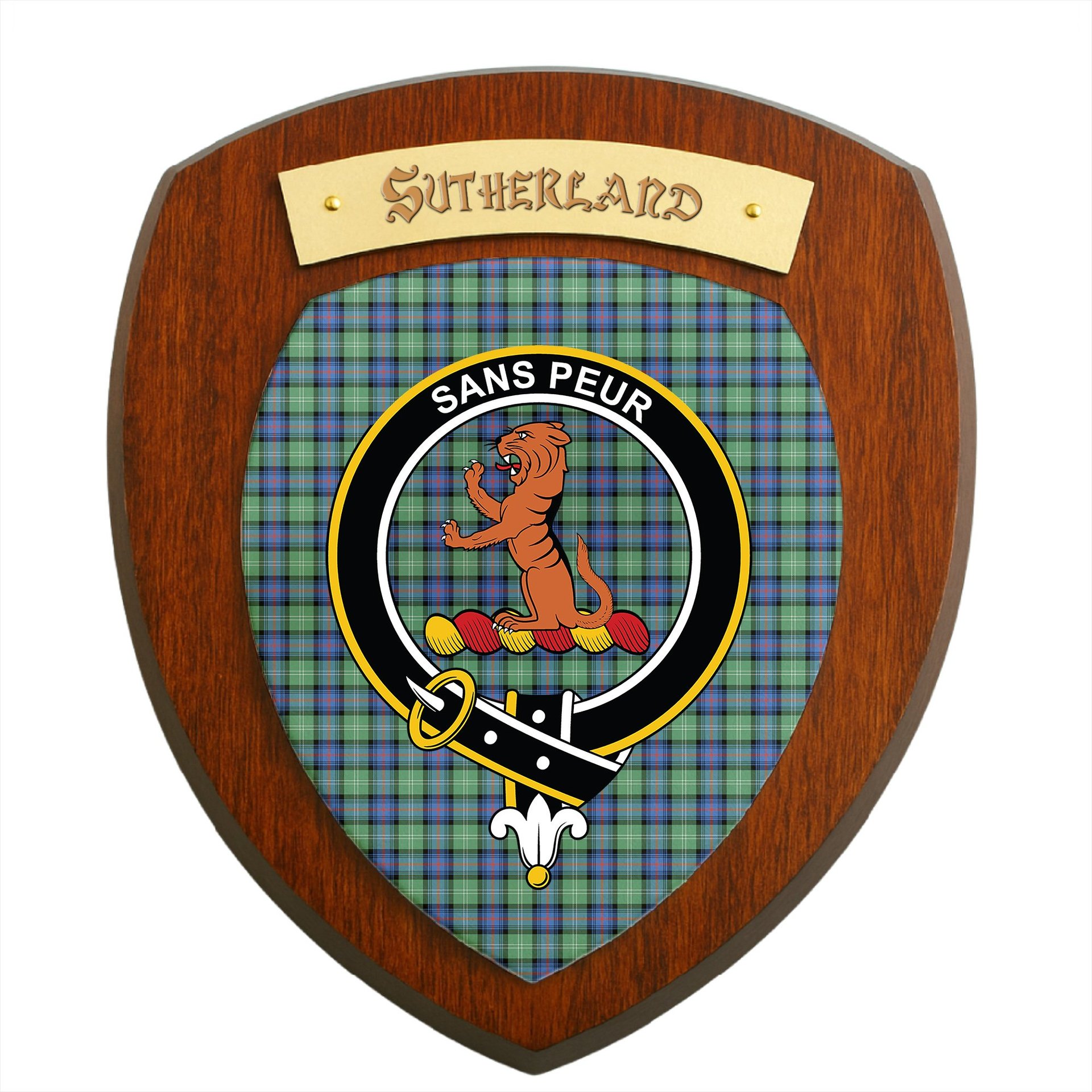 ScotsTee Shop Scottish Sutherland Ancient Clan Crest Scottish Tartan Wooden Wall Plaque