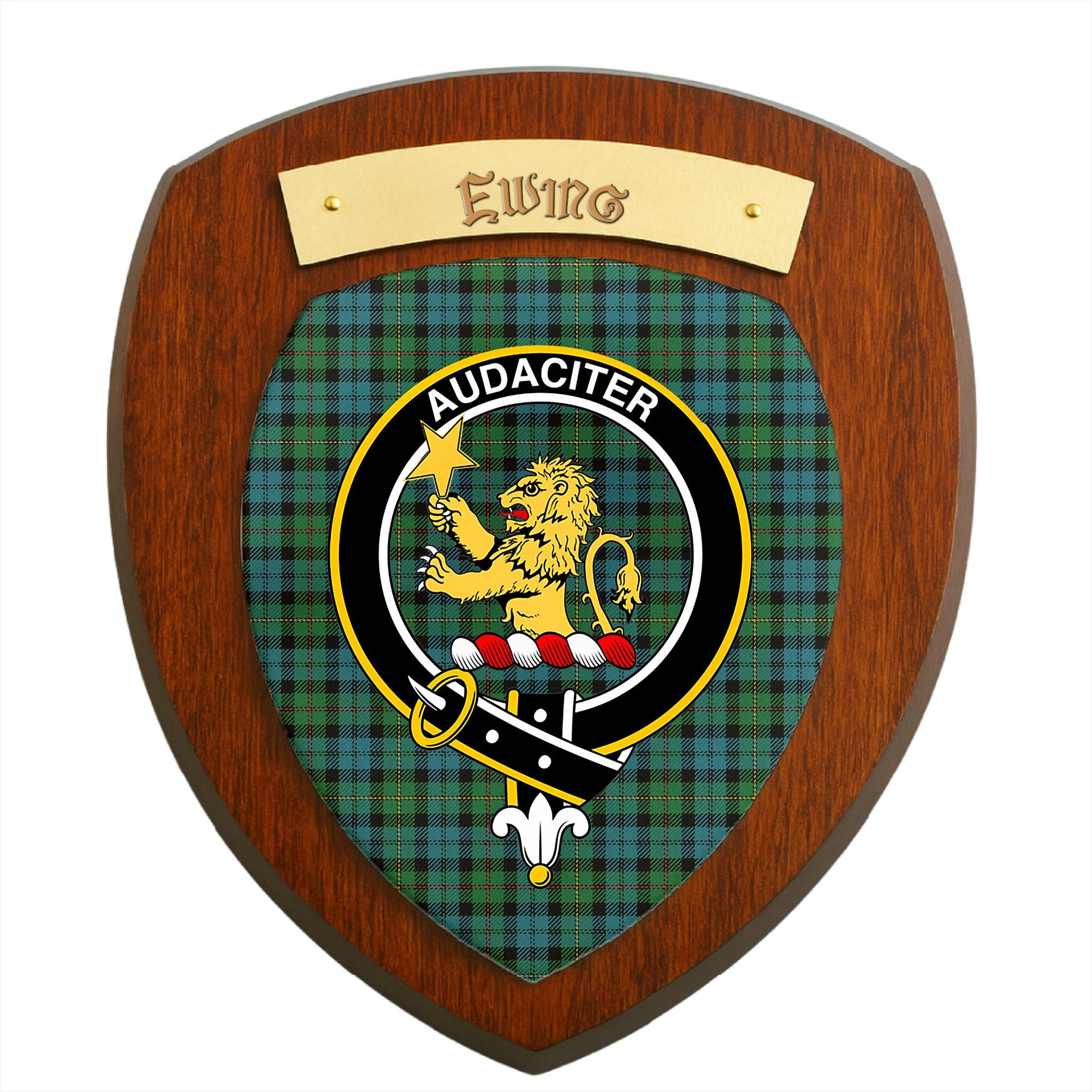 ScotsTee Shop Scottish Ewing Ancient Clan Crest Scottish Tartan Wooden Wall Plaque