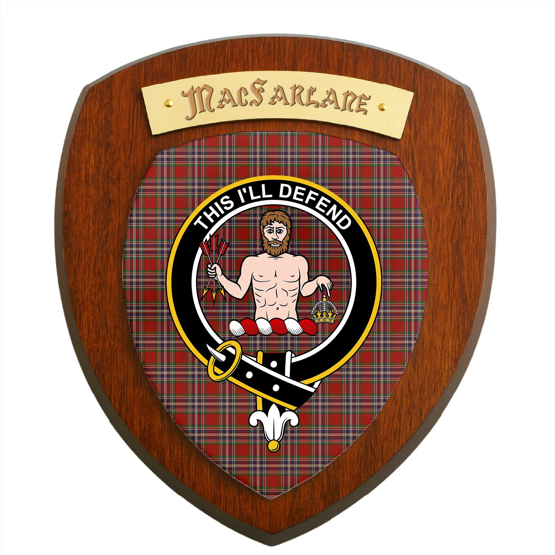 ScotsTee Shop Scottish MacFarlane Red Clan Crest Scottish Tartan Wooden Wall Plaque