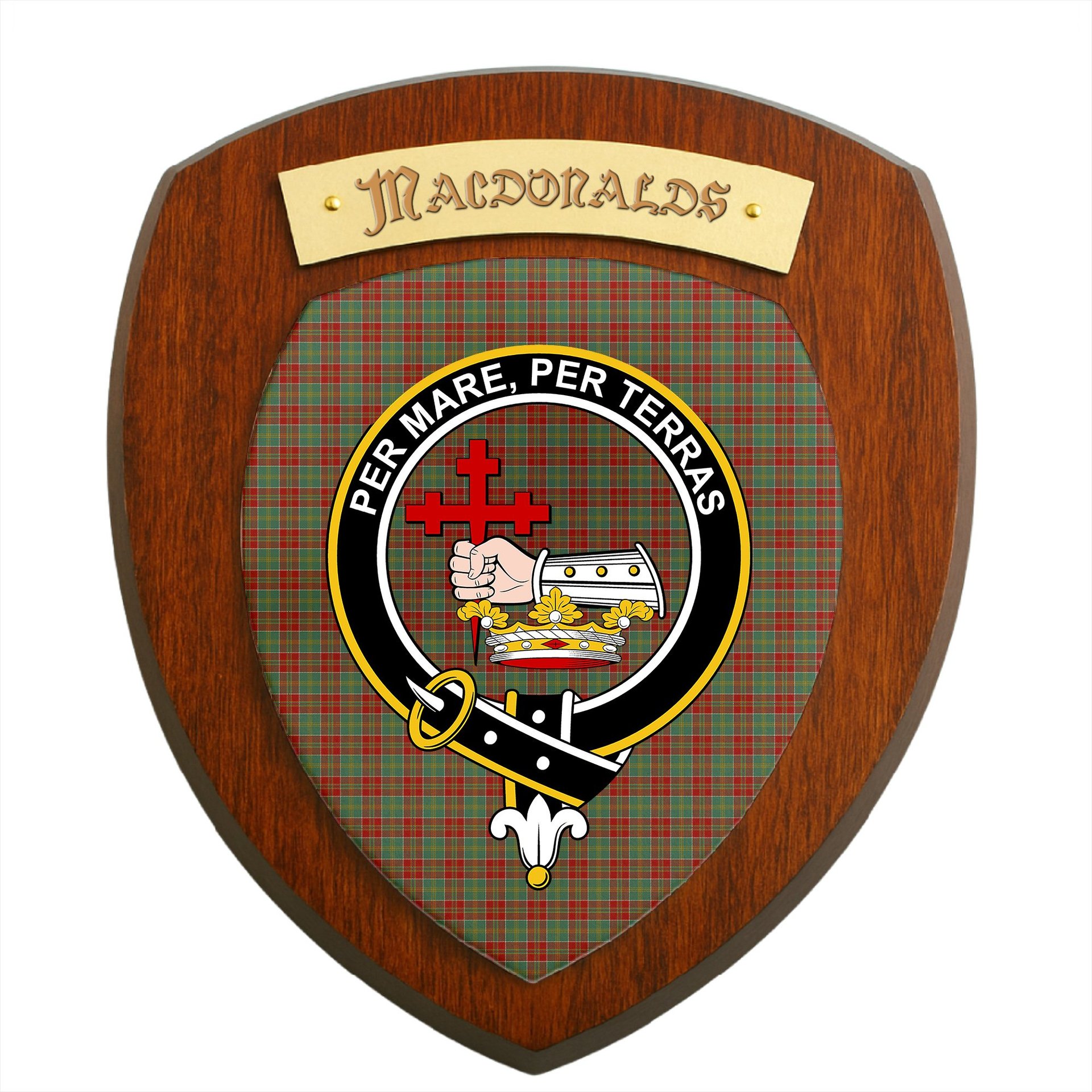 ScotsTee Shop Scottish MacDonald of Kingsburgh Clan Crest Scottish Tartan Wooden Wall Plaque
