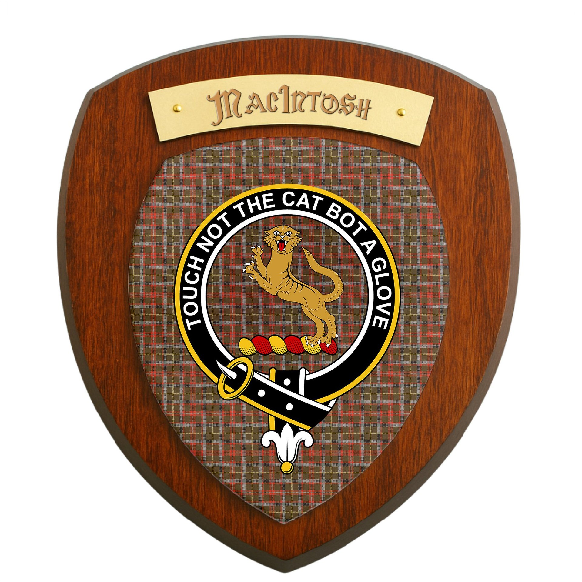 ScotsTee Shop Scottish MacIntosh Hunting Weathered Clan Crest Scottish Tartan Wooden Wall Plaque