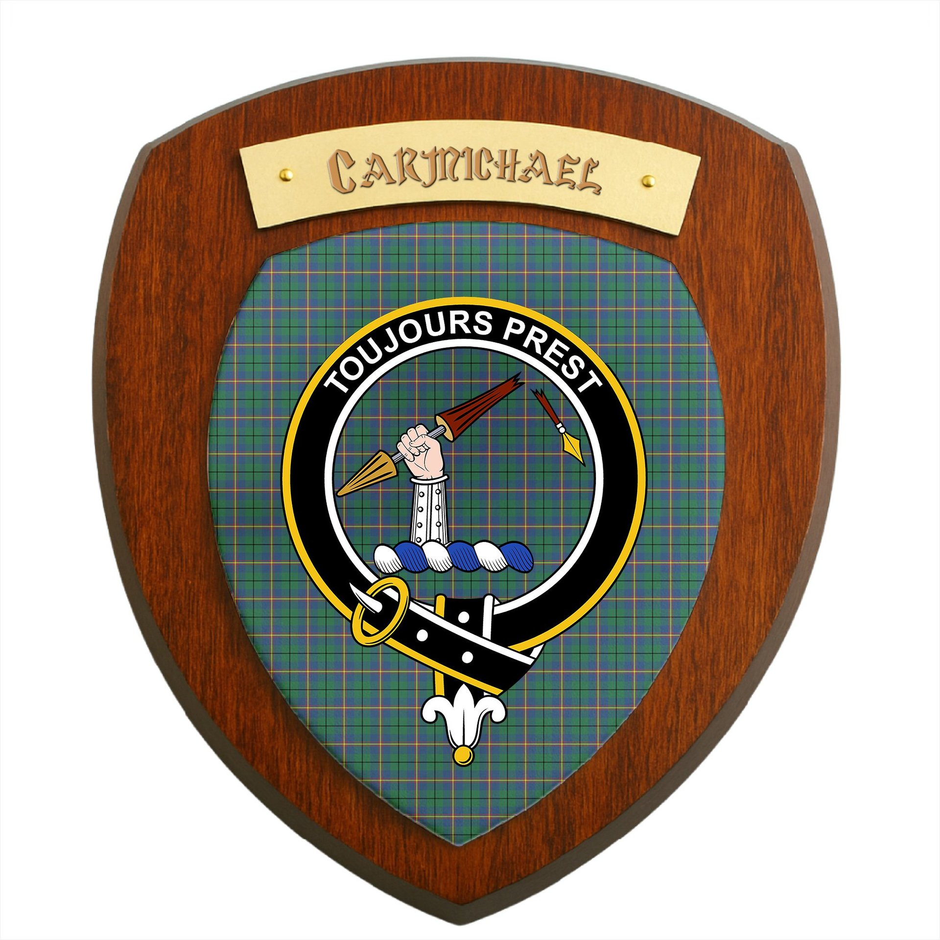 ScotsTee Shop Scottish Carmichael Ancient Clan Crest Scottish Tartan Wooden Wall Plaque