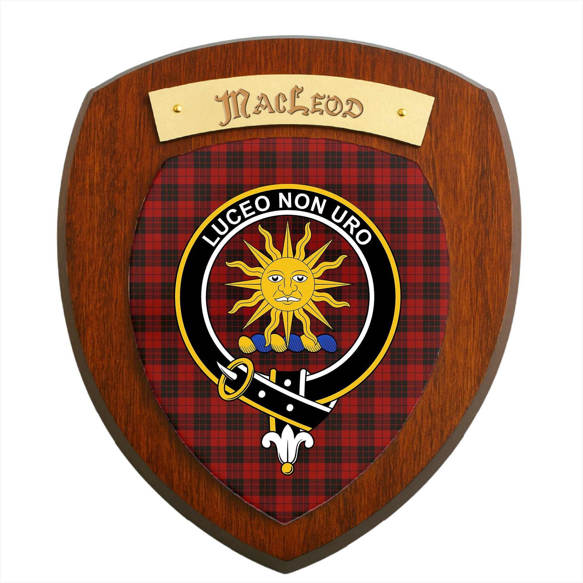 ScotsTee Shop Scottish MacLeod of Raasay Highland Clan Crest Scottish Tartan Wooden Wall Plaque