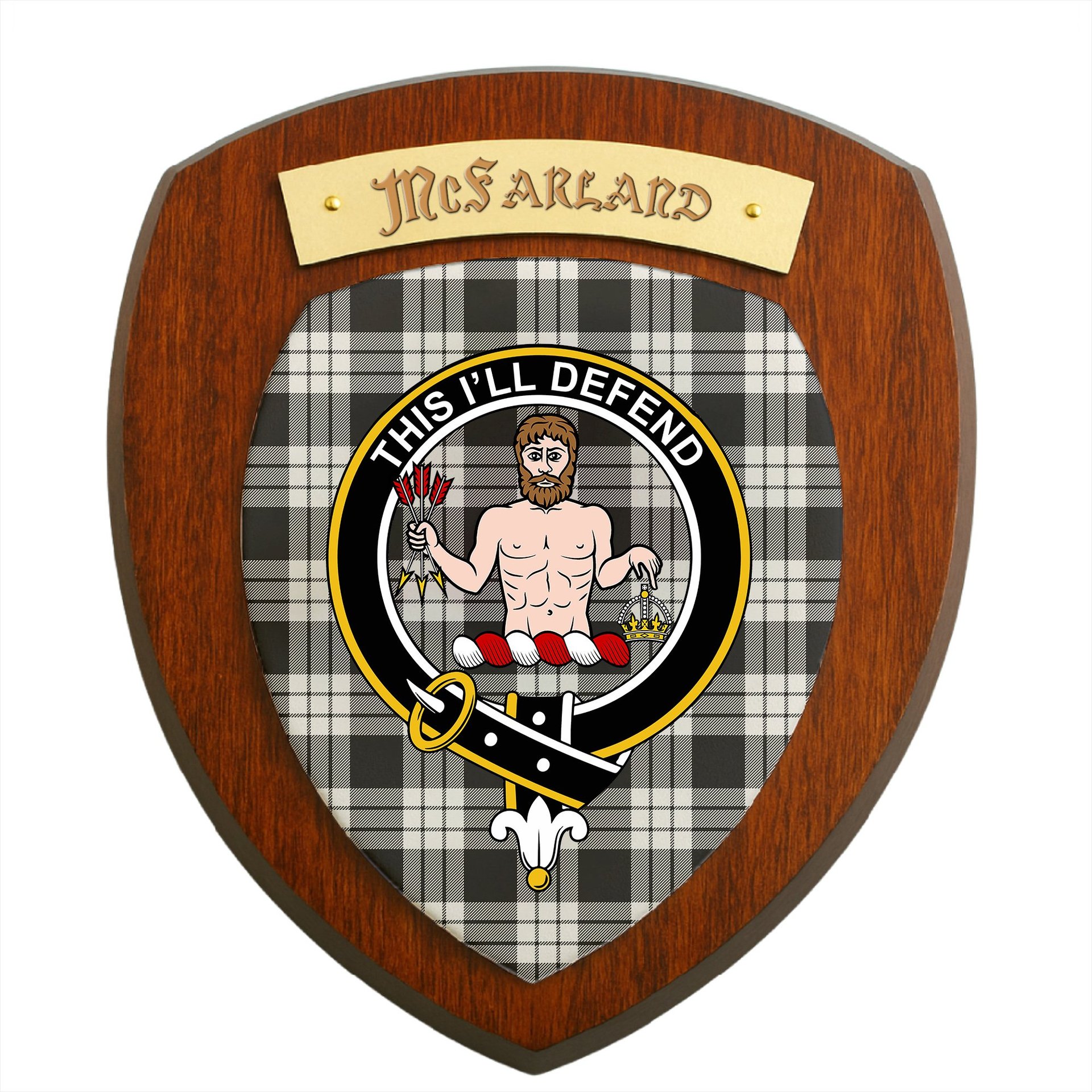 ScotsTee Shop Scottish McFarland Black White Clan Crest Scottish Tartan Wooden Wall Plaque