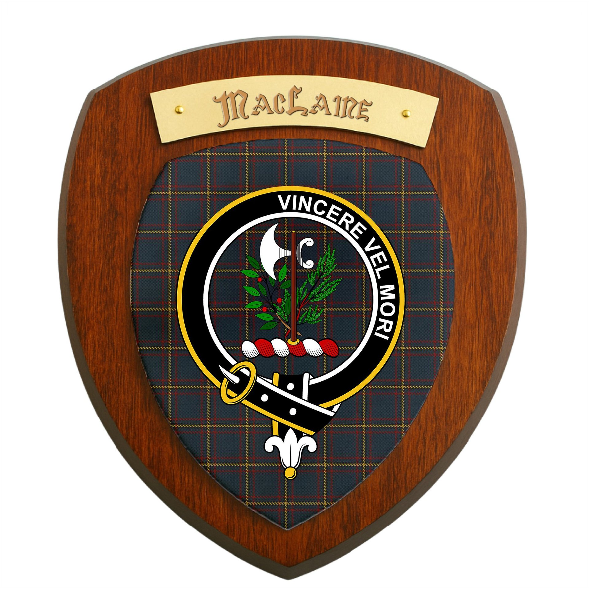 ScotsTee Shop Scottish MacLaine of Lochbuie Hunting Clan Crest Scottish Tartan Wooden Wall Plaque