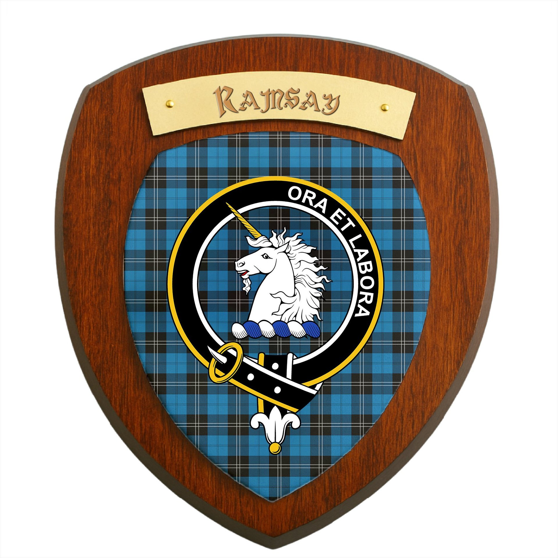 ScotsTee Shop Scottish Ramsay Blue Ancient Clan Crest Scottish Tartan Wooden Wall Plaque