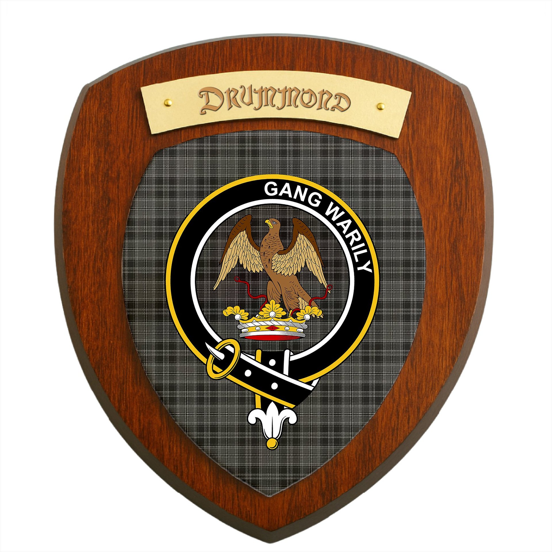 ScotsTee Shop Scottish Drummond Grey Clan Crest Scottish Tartan Wooden Wall Plaque
