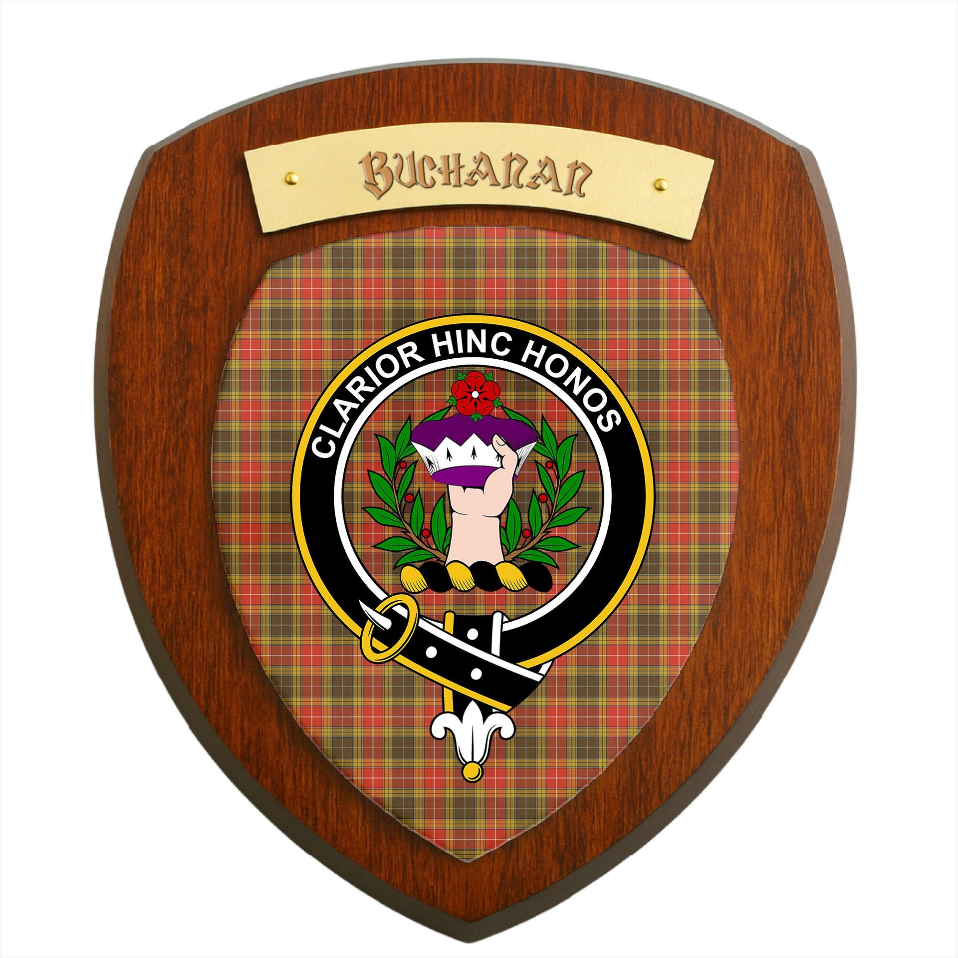 ScotsTee Shop Scottish Buchanan Old Set Weathered Clan Crest Scottish Tartan Wooden Wall Plaque