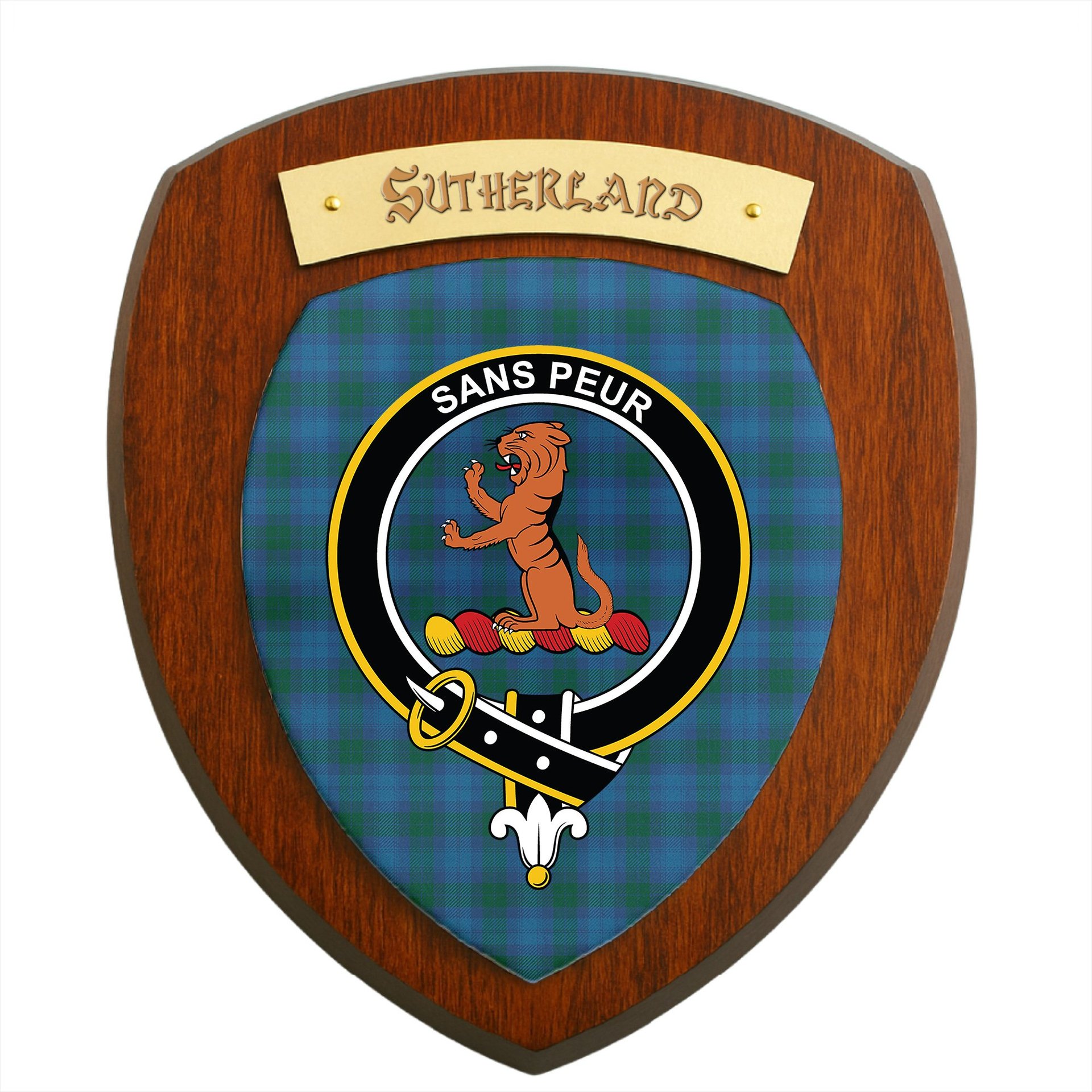 ScotsTee Shop Scottish Sutherland Hunting Modern Clan Crest Scottish Tartan Wooden Wall Plaque