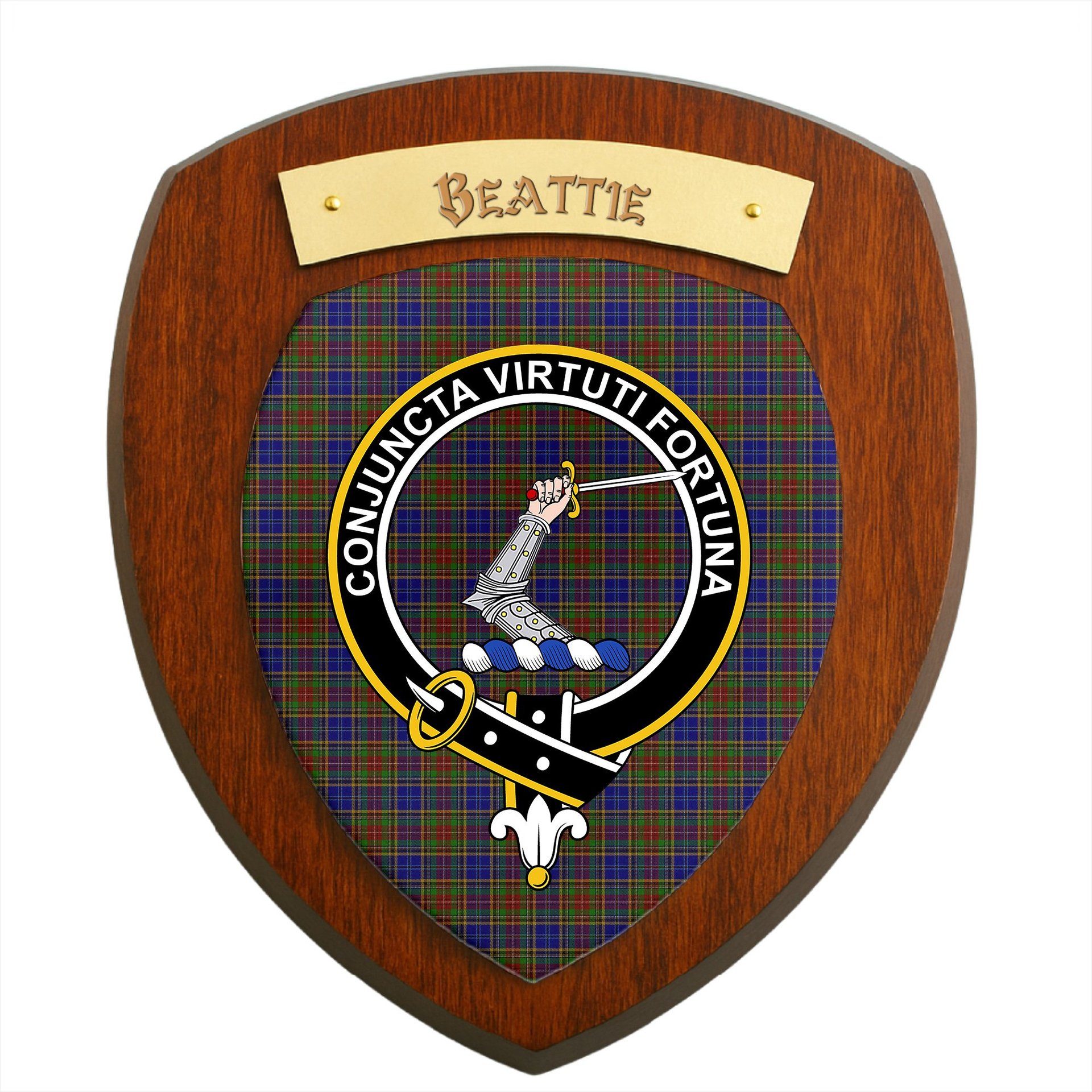 ScotsTee Shop Scottish Beattie (Beatty) Clan Crest Scottish Tartan Wooden Wall Plaque