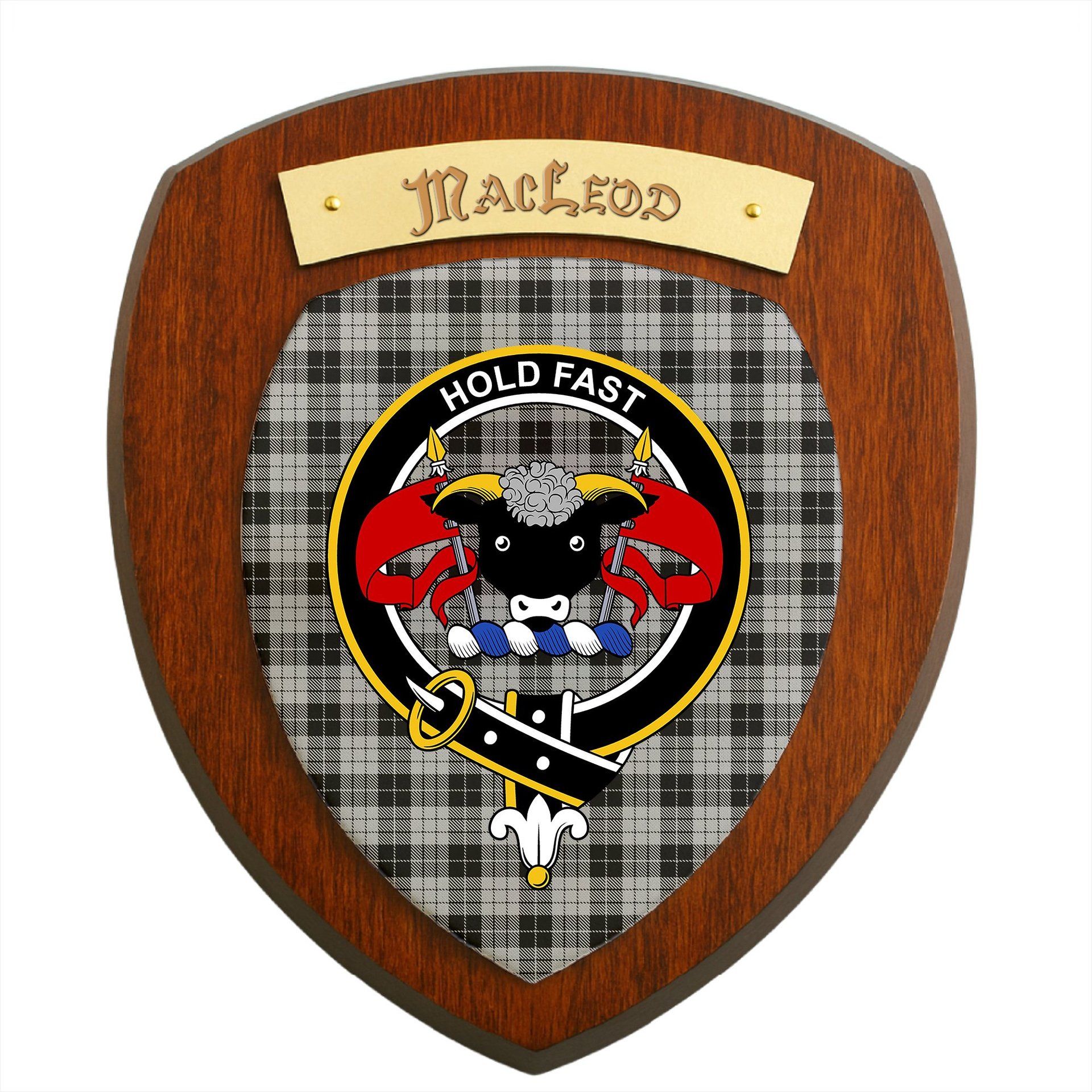 ScotsTee Shop Scottish MacLeod Black and White Clan Crest Scottish Tartan Wooden Wall Plaque