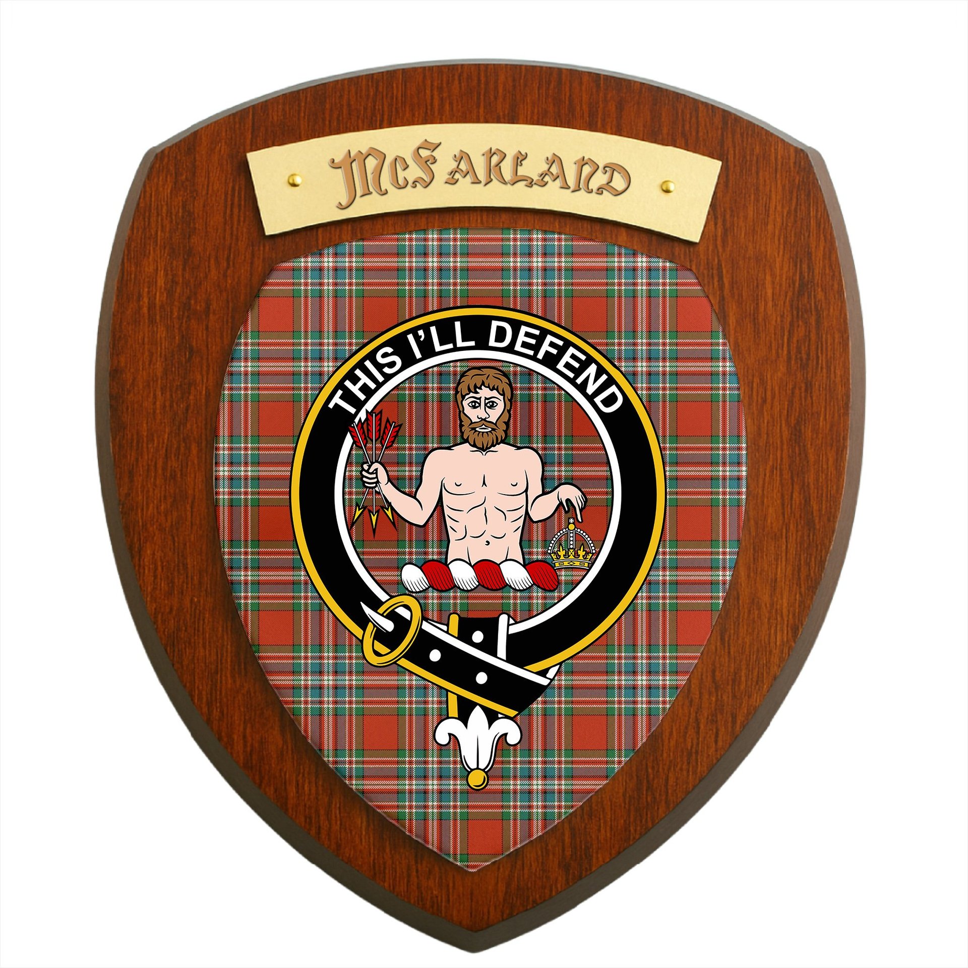 ScotsTee Shop Scottish McFarland Red Ancient Clan Crest Scottish Tartan Wooden Wall Plaque