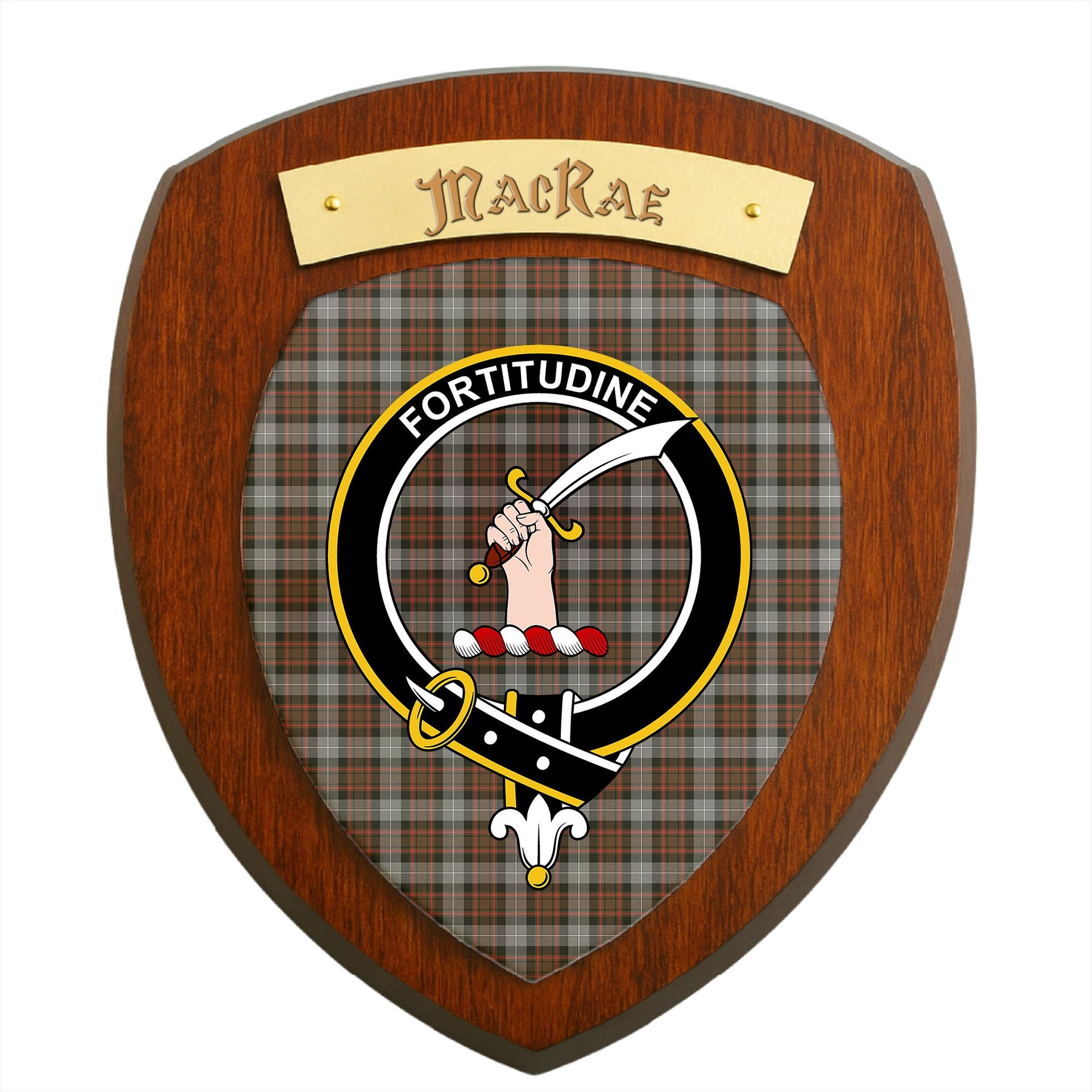 ScotsTee Shop Scottish MacRae Hunting Weathered Clan Crest Scottish Tartan Wooden Wall Plaque