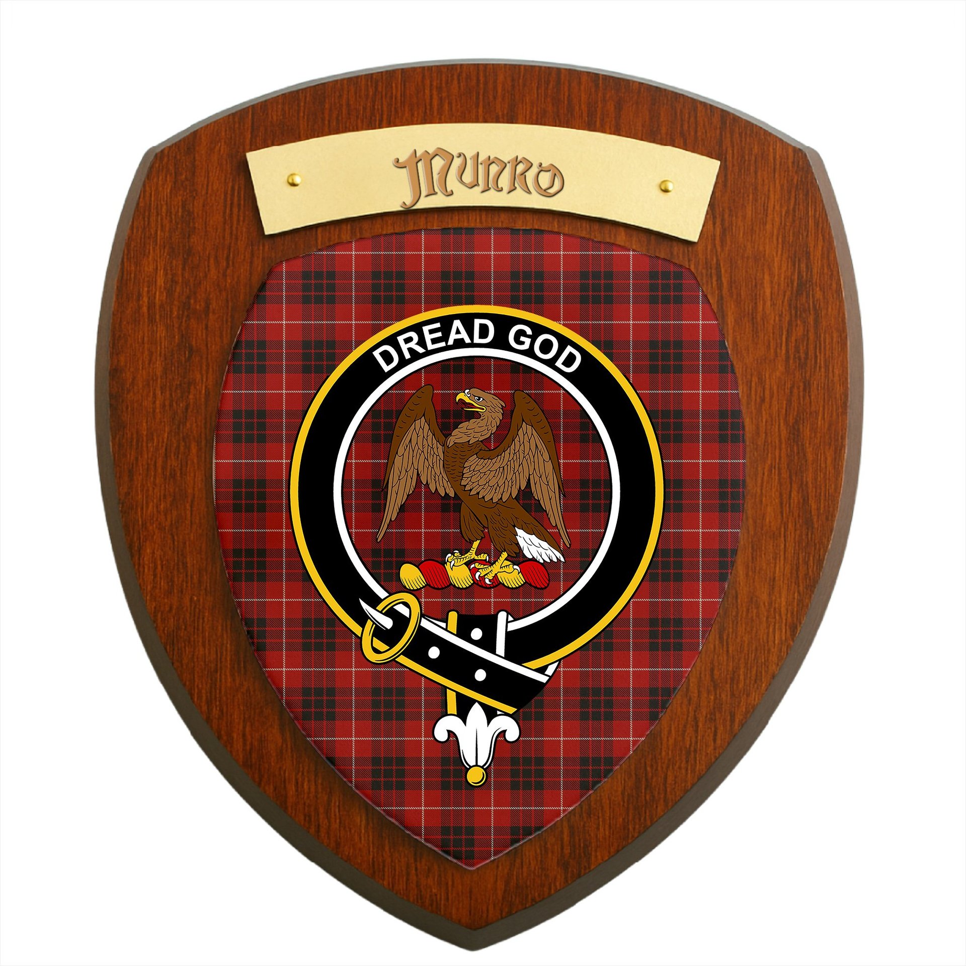 ScotsTee Shop Scottish Munro Black and Red Clan Crest Scottish Tartan Wooden Wall Plaque