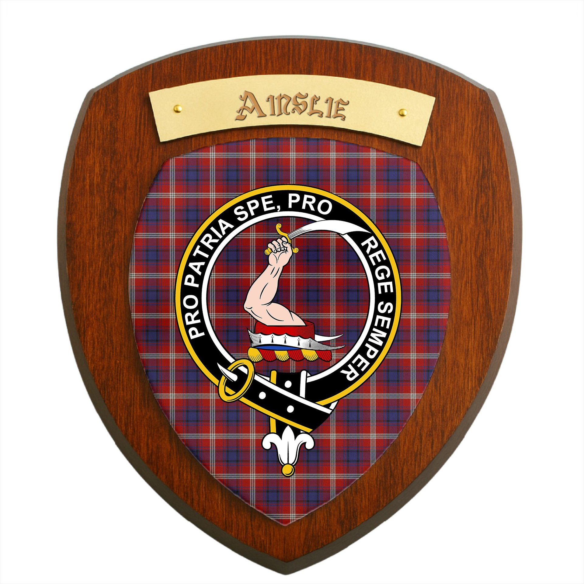 ScotsTee Shop Scottish Ainslie Clan Crest Scottish Tartan Wooden Wall Plaque