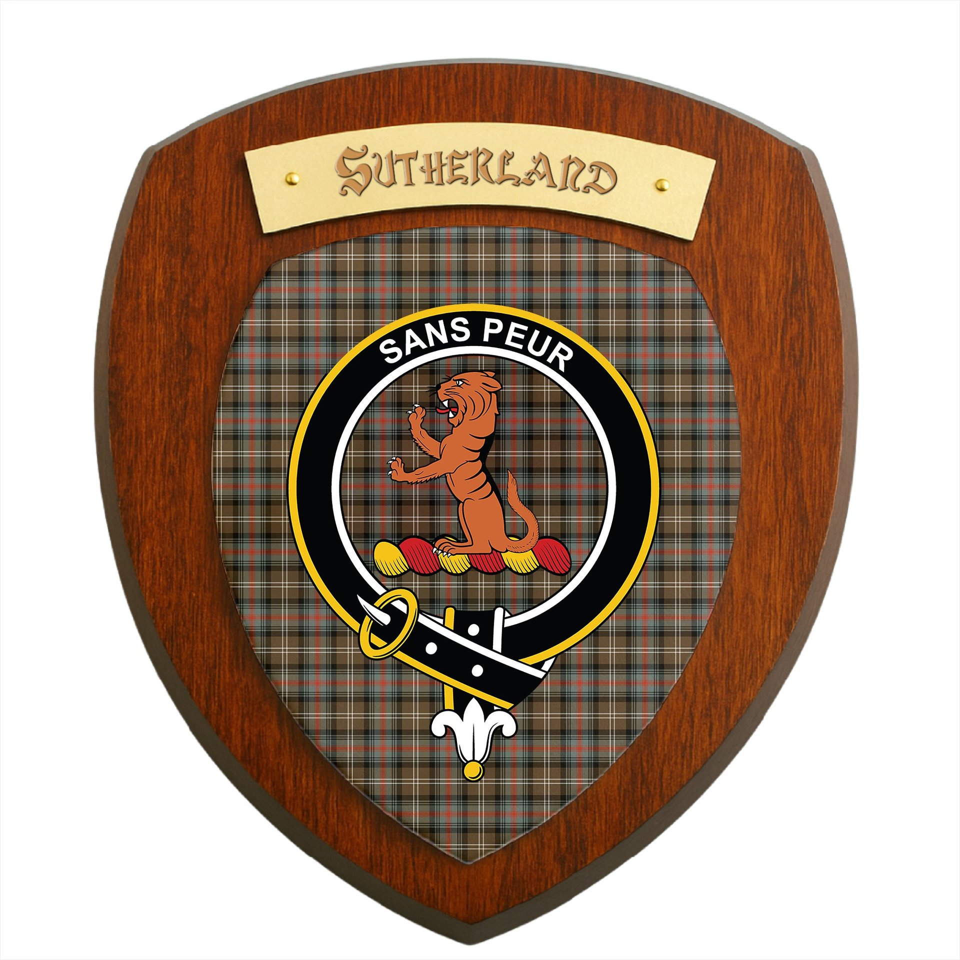 ScotsTee Shop Scottish Sutherland Weathered Clan Crest Scottish Tartan Wooden Wall Plaque