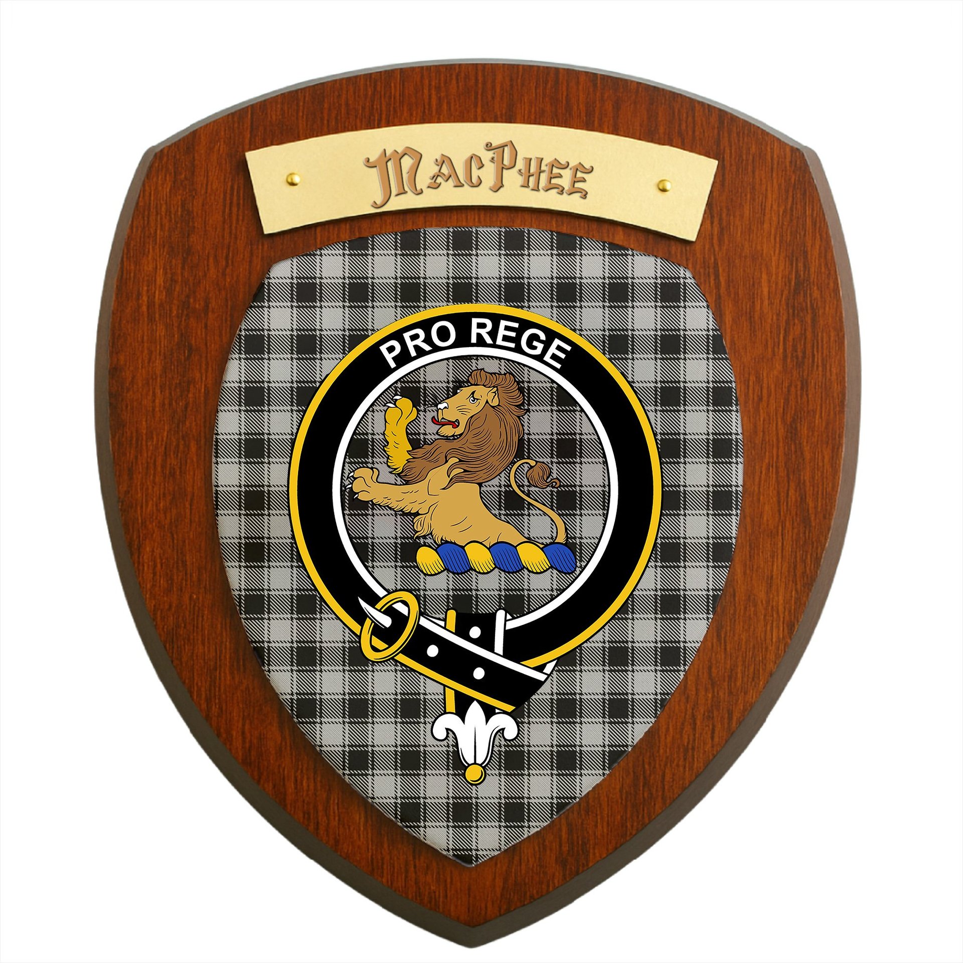 ScotsTee Shop Scottish MacPhee Black and White Clan Crest Scottish Tartan Wooden Wall Plaque