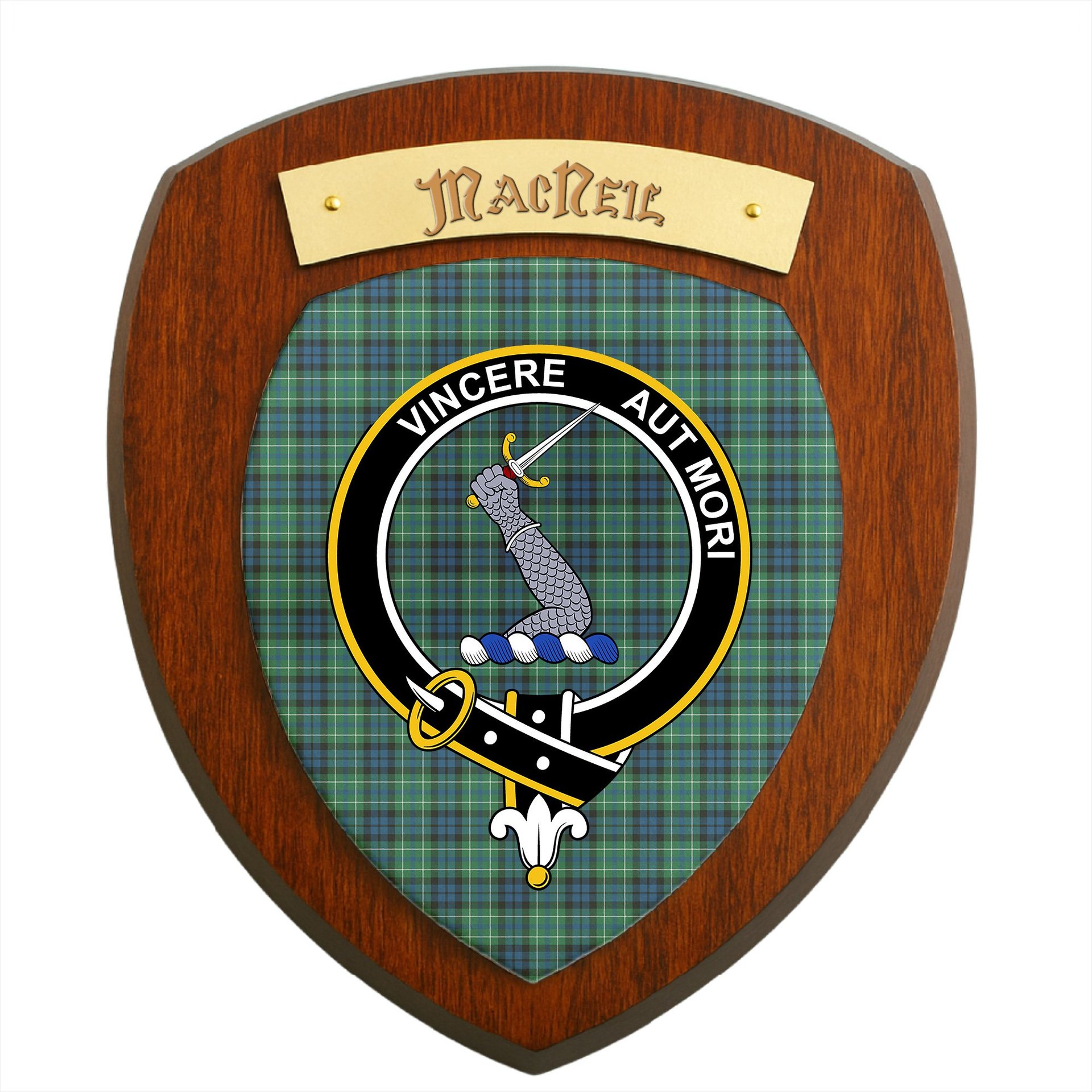 ScotsTee Shop Scottish MacNeill of Colonsay Ancient Clan Crest Scottish Tartan Wooden Wall Plaque
