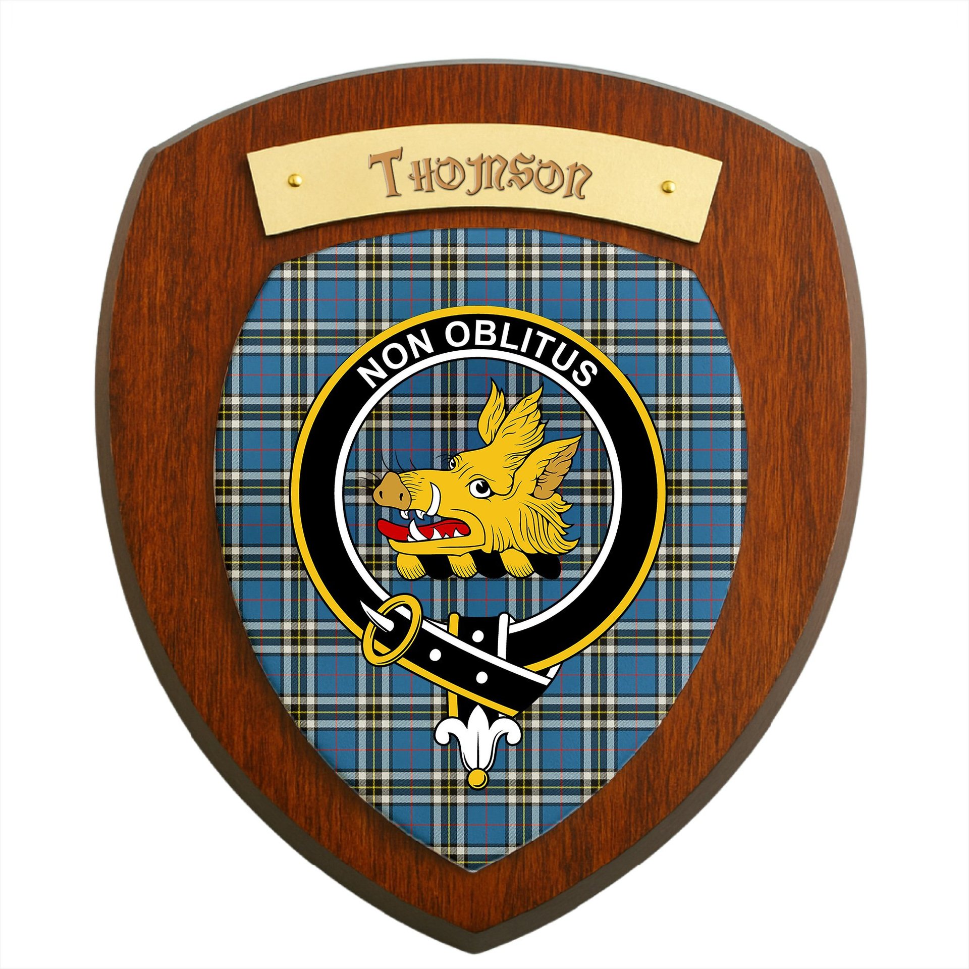 ScotsTee Shop Scottish Thomson Blue Clan Crest Scottish Tartan Wooden Wall Plaque