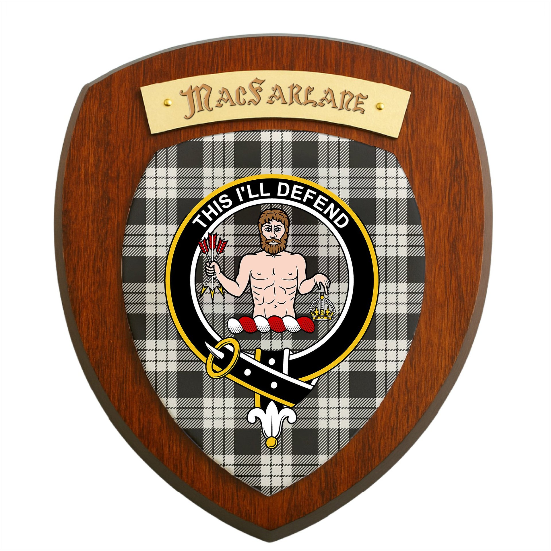 ScotsTee Shop Scottish MacFarlane Black White Clan Crest Scottish Tartan Wooden Wall Plaque