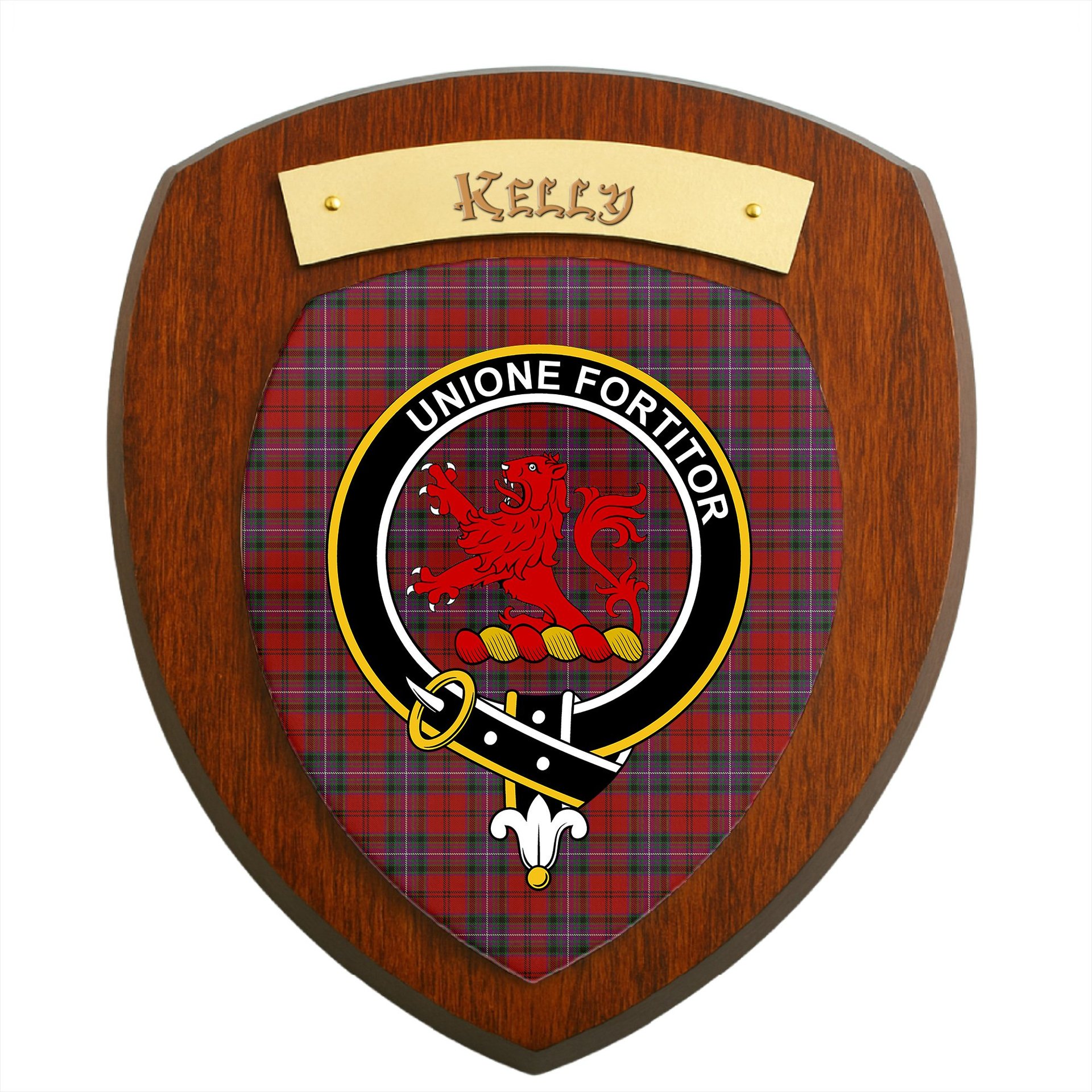 ScotsTee Shop Scottish Kelly of Sleat Red Clan Crest Scottish Tartan Wooden Wall Plaque