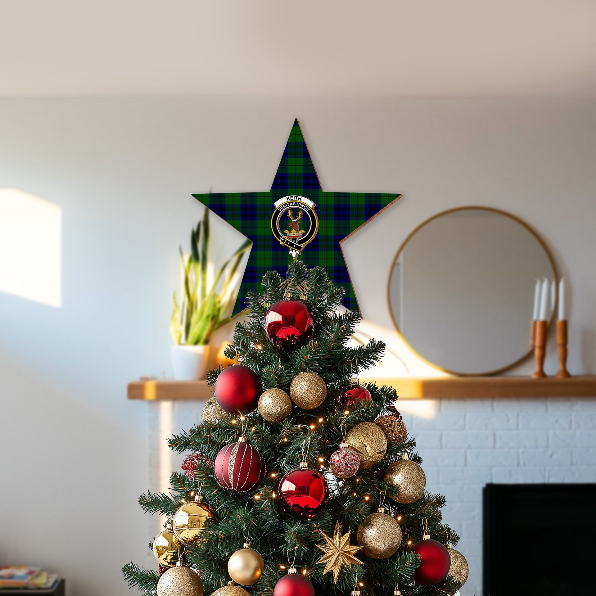 ScotsTee Shop Scottish Keith Modern Crest Tartan Wooden Christmas Tree Topper