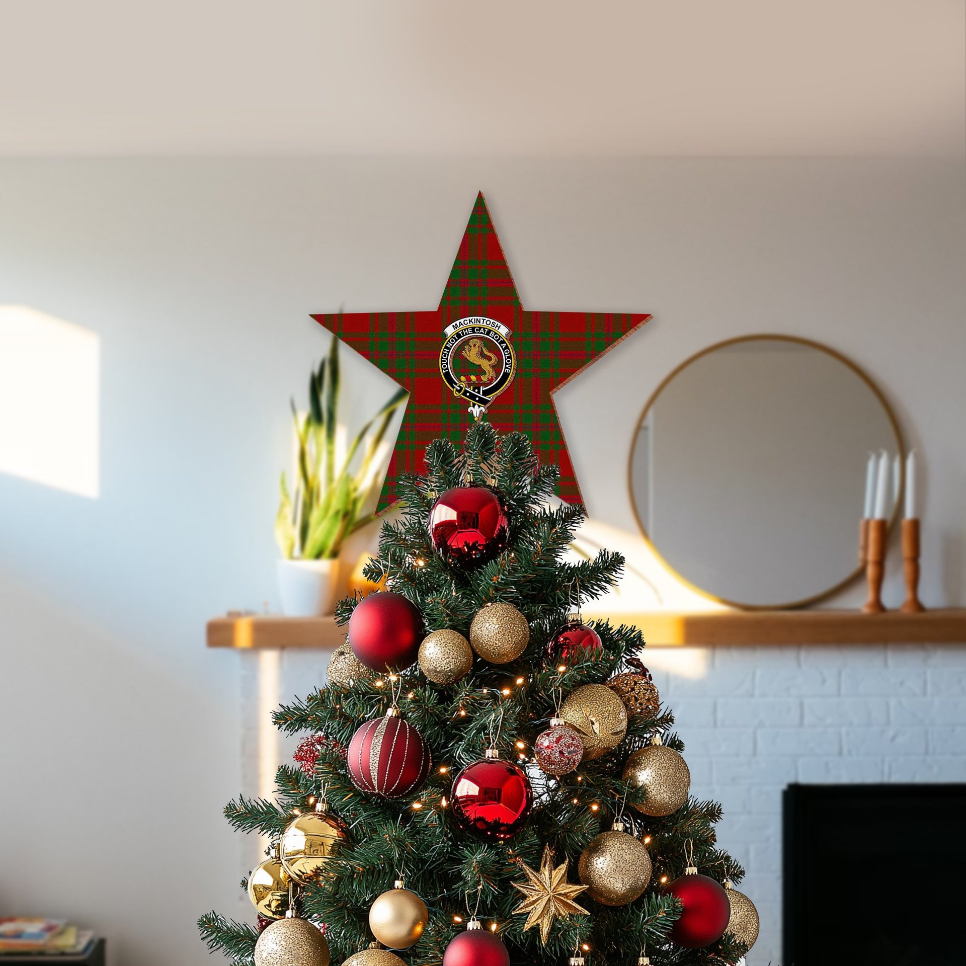 ScotsTee Shop Scottish MacKintosh Red Crest Tartan Wooden Christmas Tree Topper