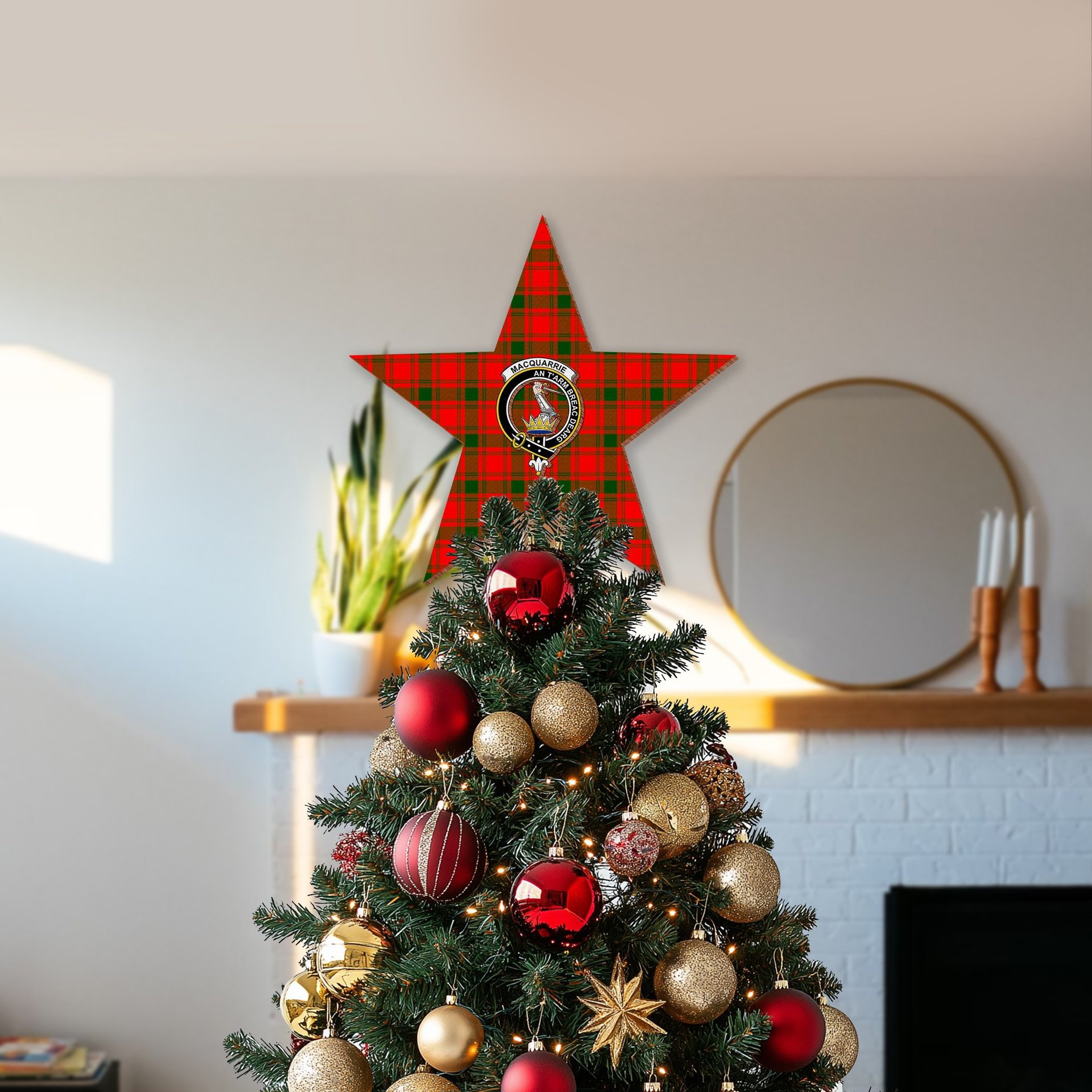 ScotsTee Shop Scottish MacQuarrie Modern Crest Tartan Wooden Christmas Tree Topper