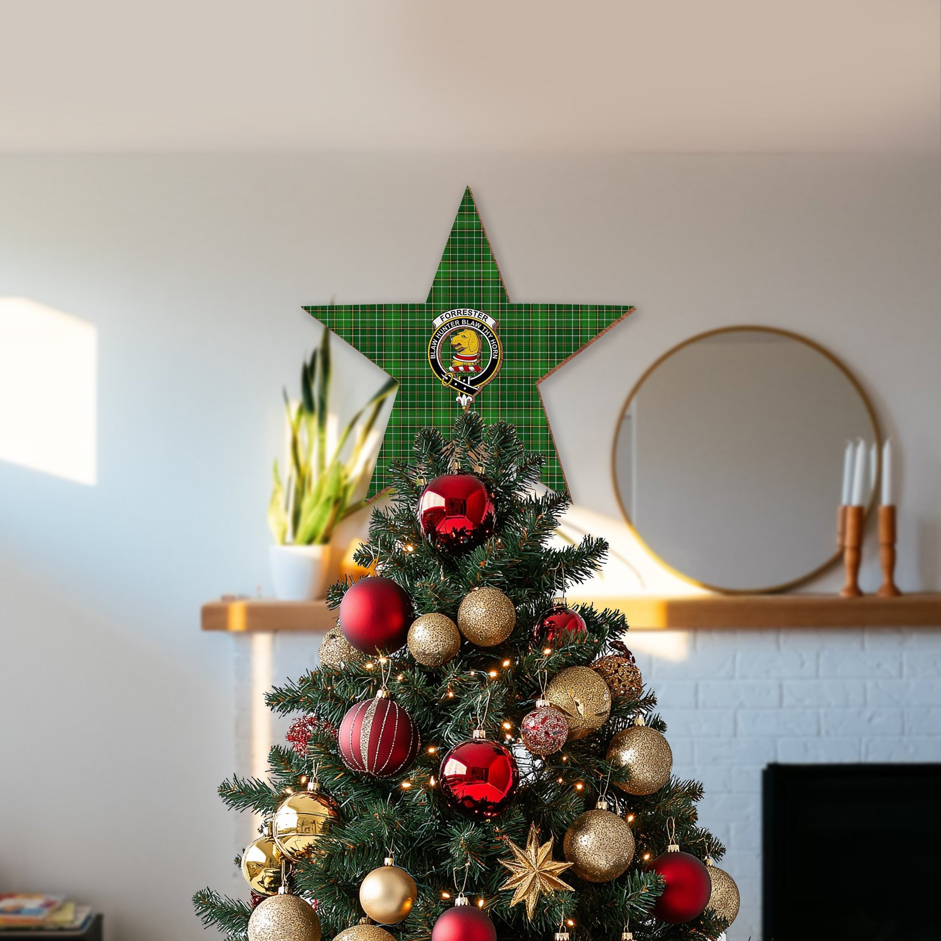 ScotsTee Shop Scottish Forrester Hunting Crest Tartan Wooden Christmas Tree Topper