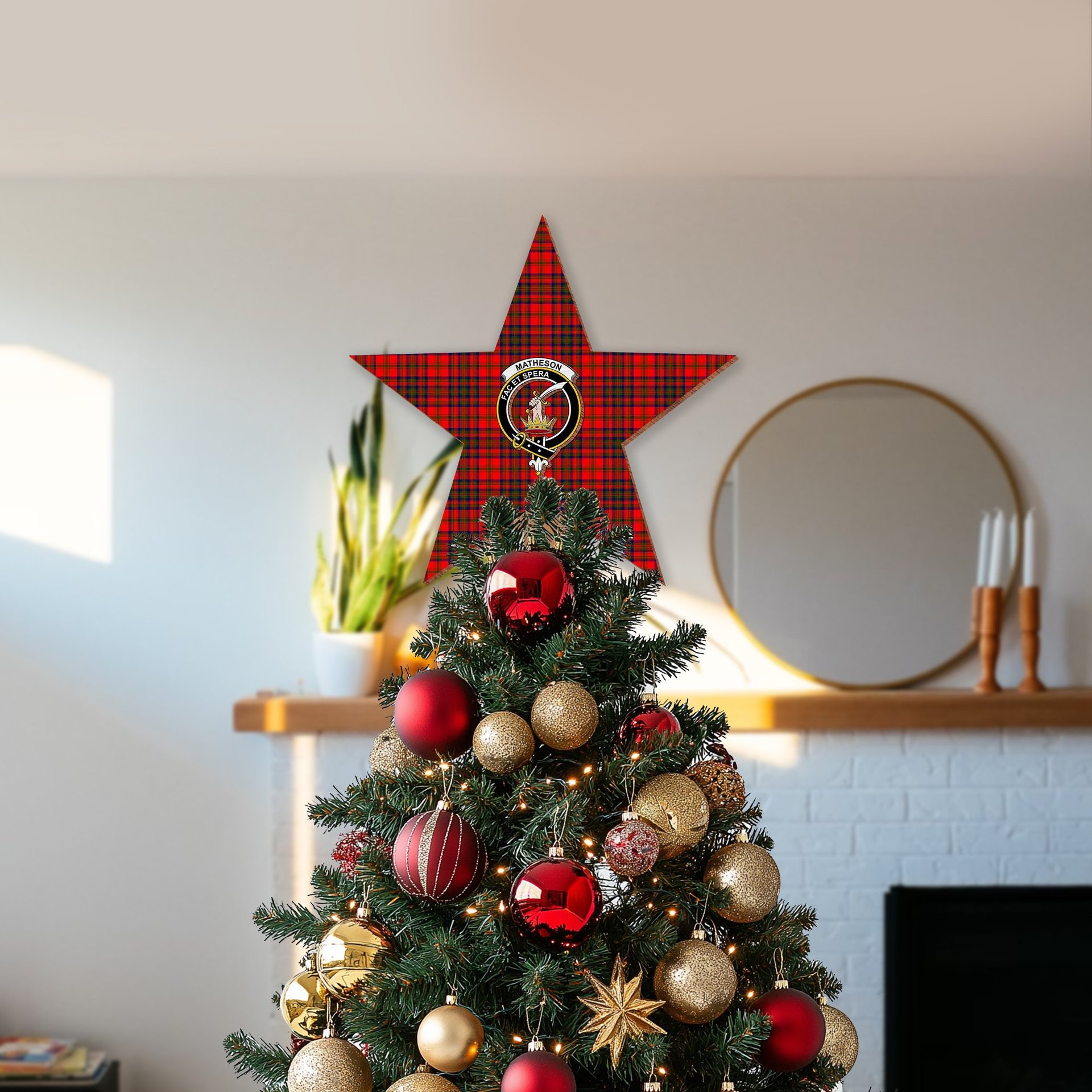 ScotsTee Shop Scottish Matheson Modern Crest Tartan Wooden Christmas Tree Topper