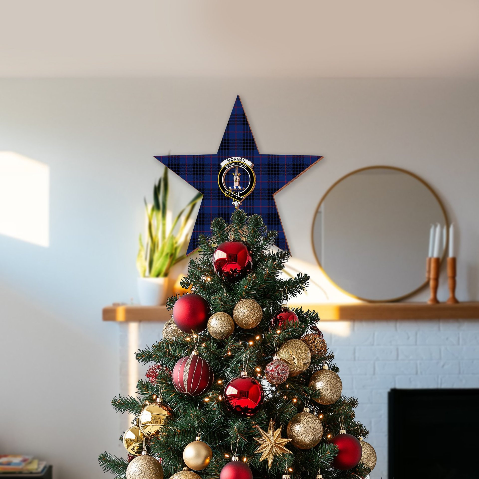 ScotsTee Shop Scottish Morgan Modern Crest Tartan Wooden Christmas Tree Topper