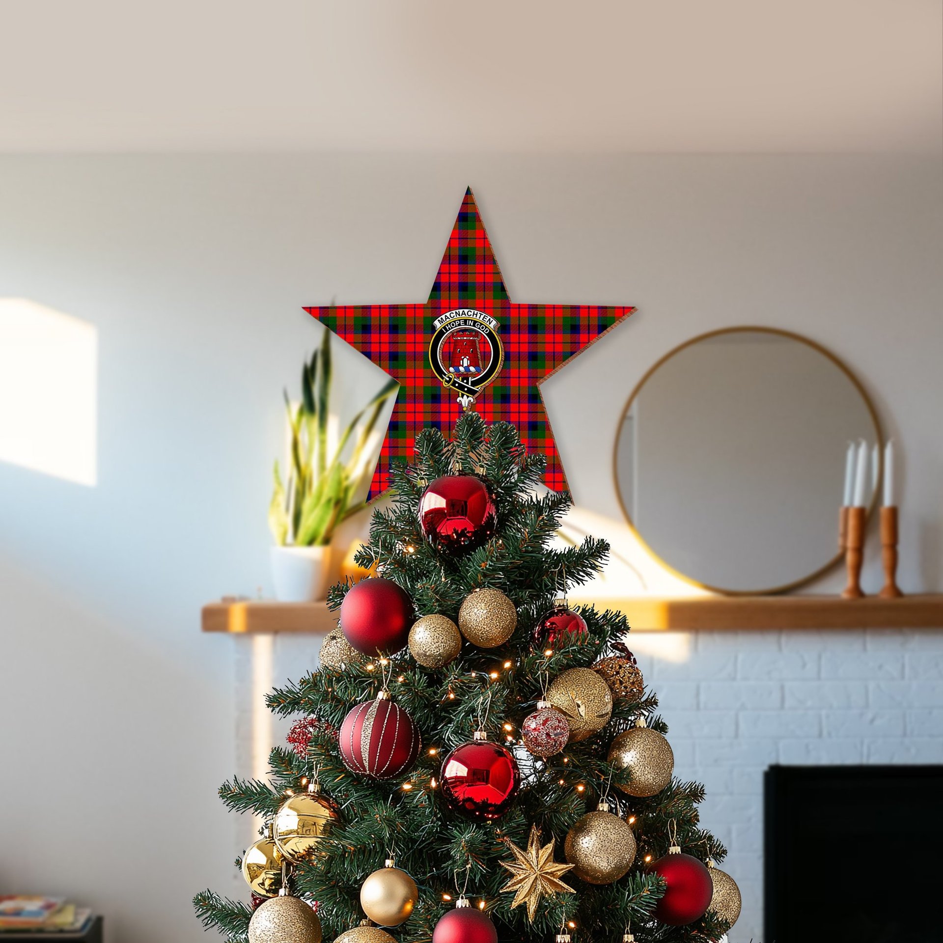 ScotsTee Shop Scottish MacNachten Modern Crest Tartan Wooden Christmas Tree Topper