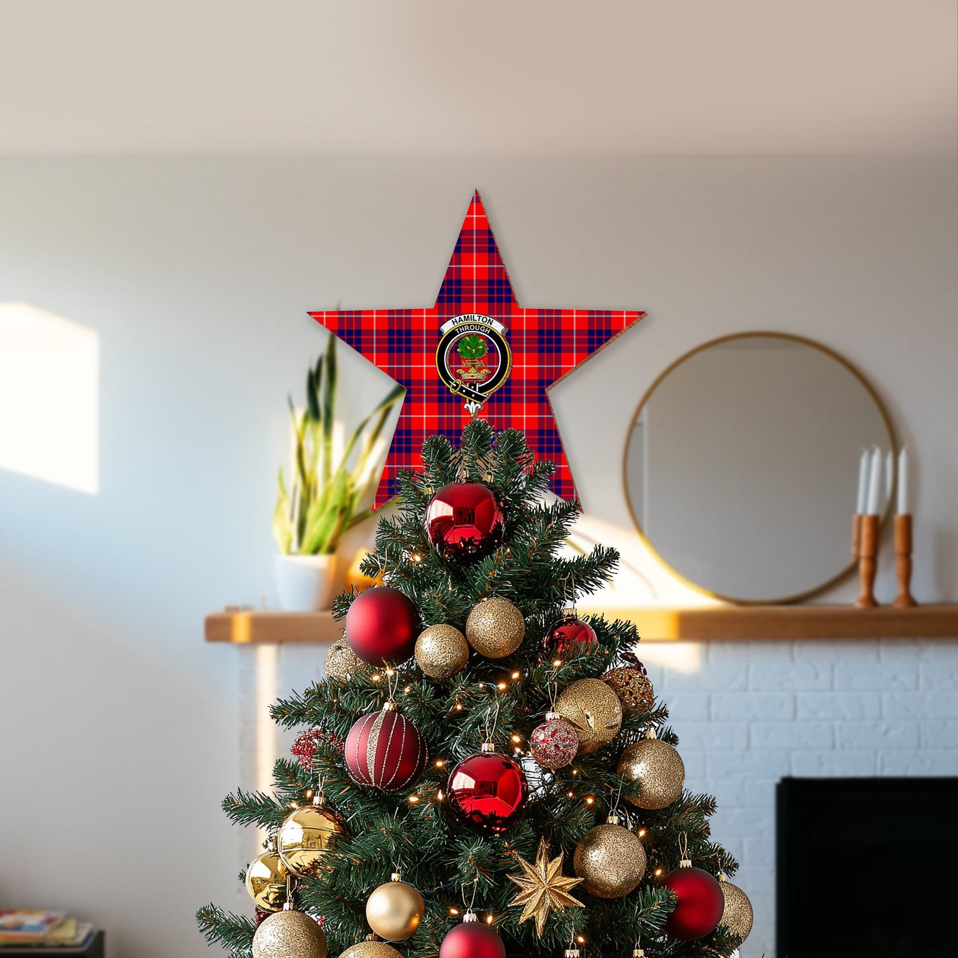 ScotsTee Shop Scottish Hamilton Modern Crest Tartan Wooden Christmas Tree Topper