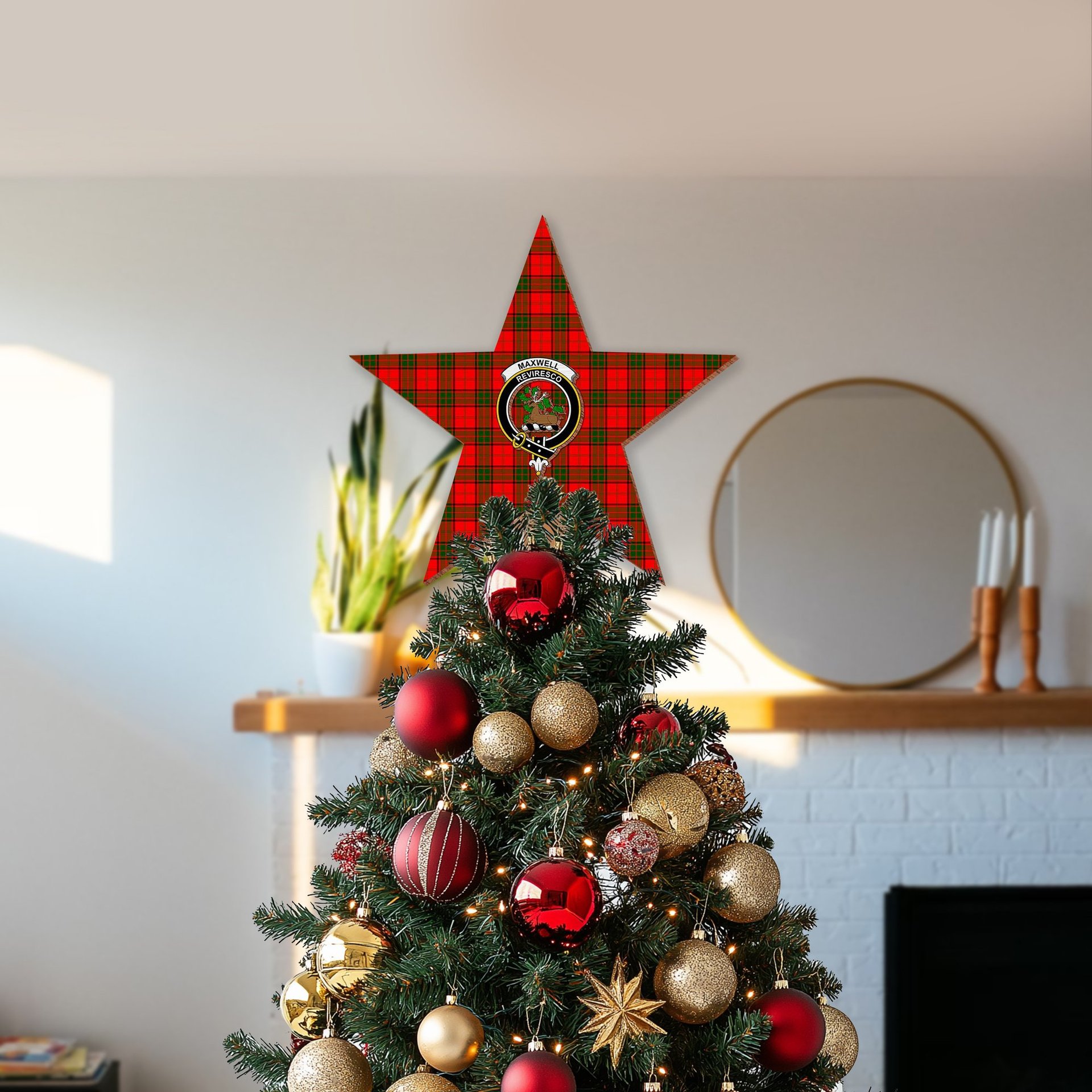 ScotsTee Shop Scottish Maxwell Modern Crest Tartan Wooden Christmas Tree Topper