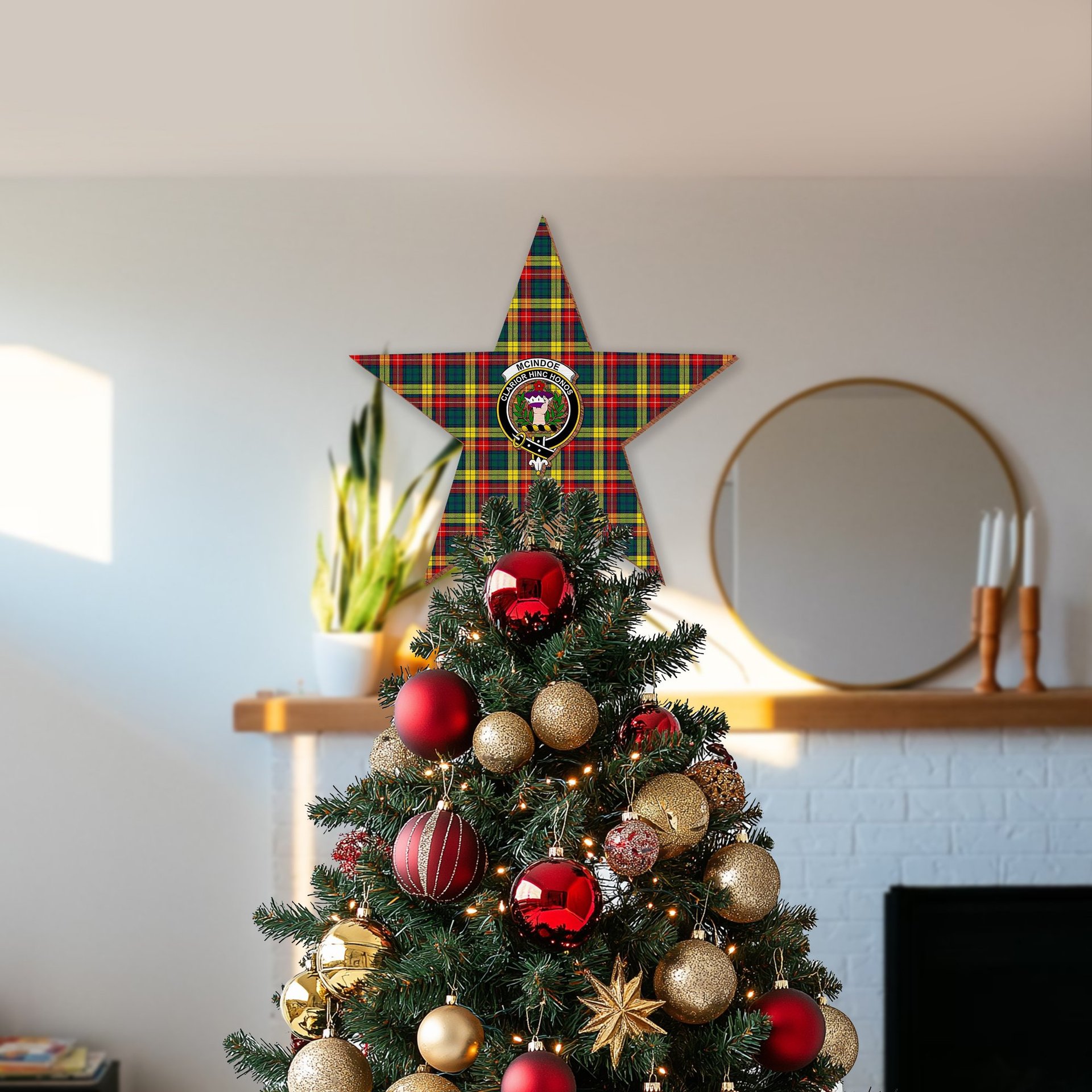 ScotsTee Shop Scottish McIndoe Crest Tartan Wooden Christmas Tree Topper